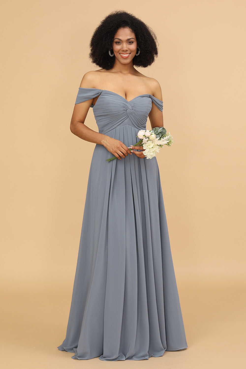 A Line Off the Shoulder Long Chiffon Bridesmaid Dress