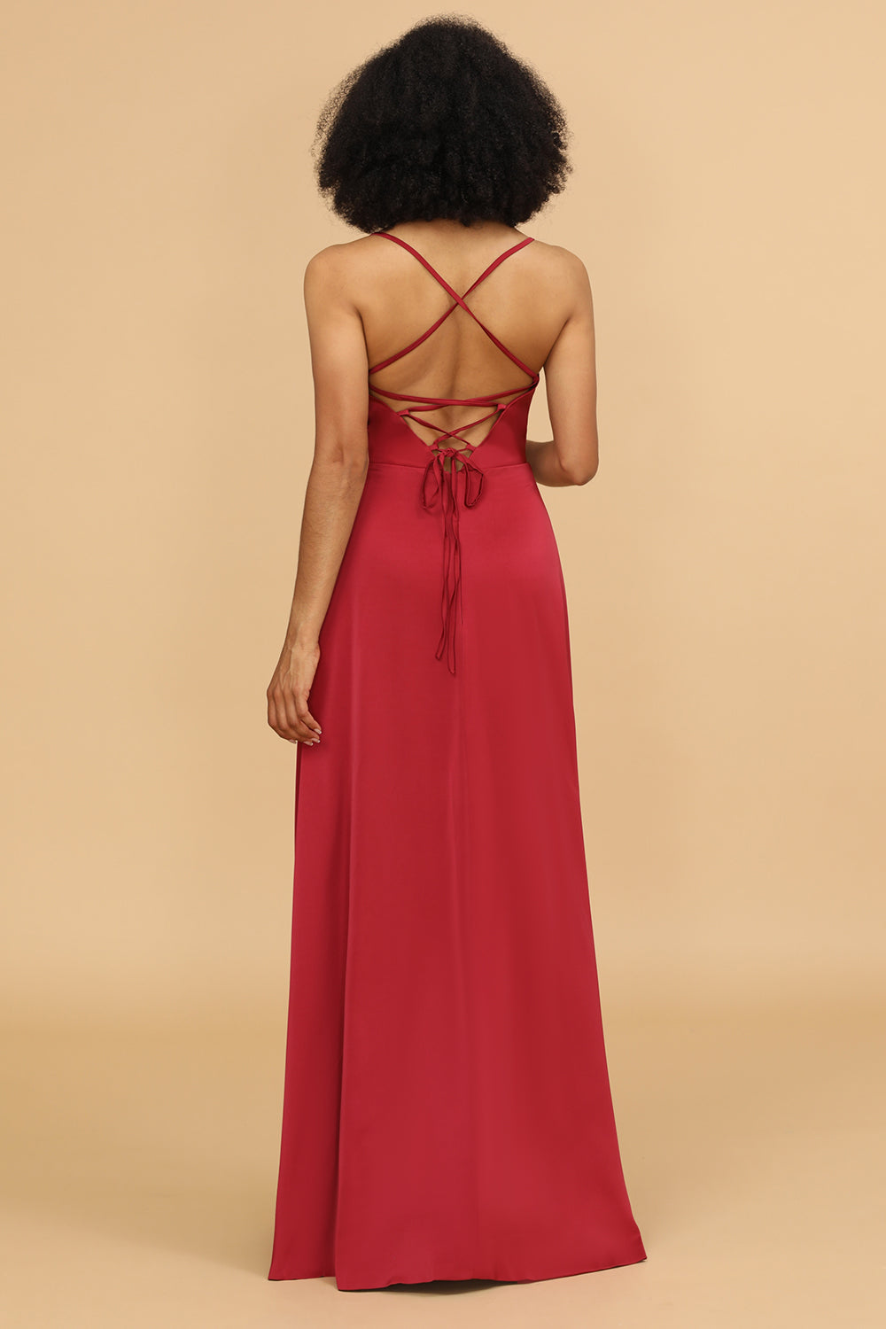 Red A Line Spaghetti Straps Floor Length Satin Bridesmaid Dress