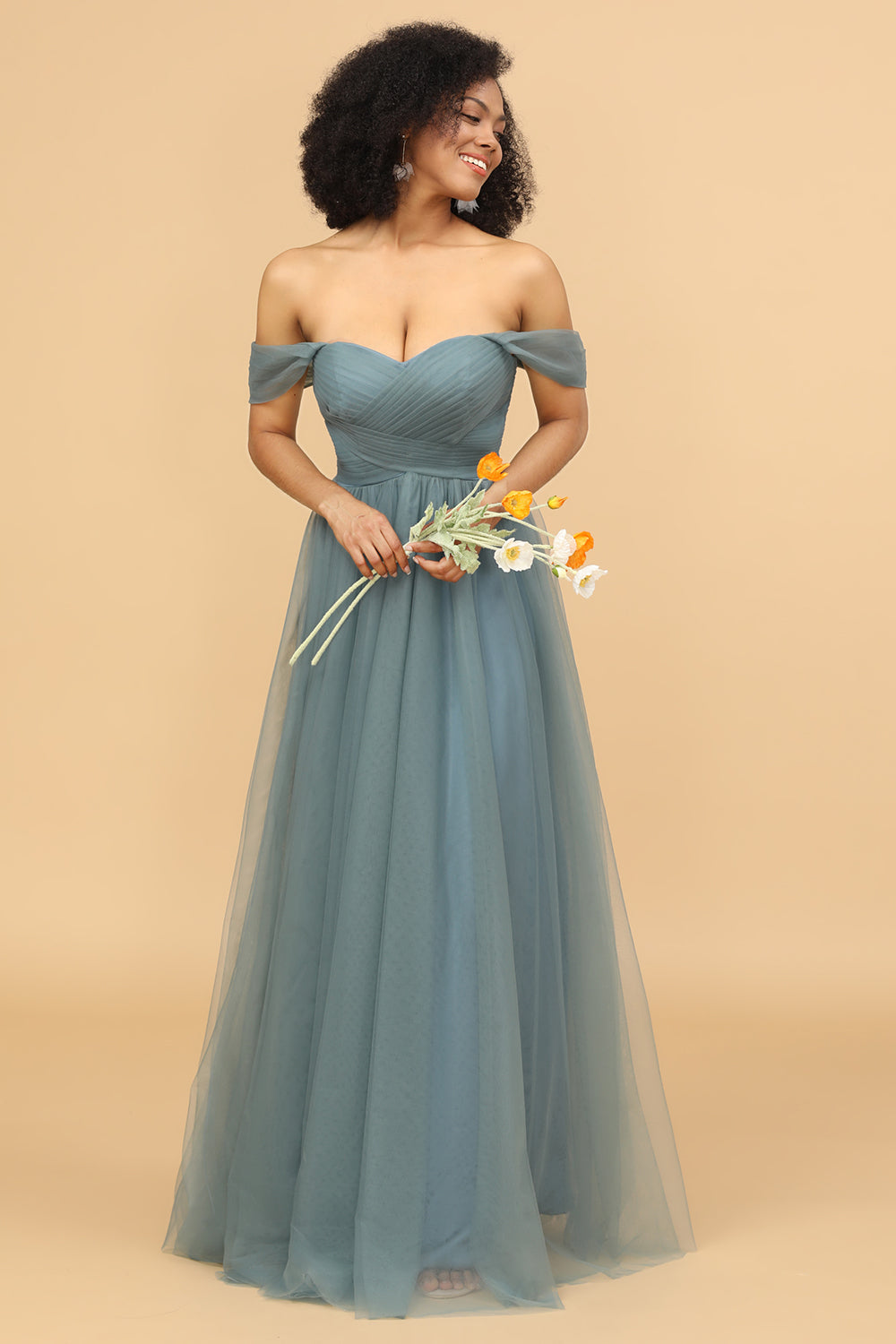 A-Line Off the Shoulder Tulle Bridesmaid Dress with Ruffles