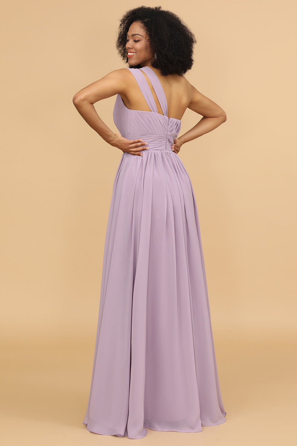 A Line One Shoulder Long Chiffon Bridesmaids Dress with Ruffles