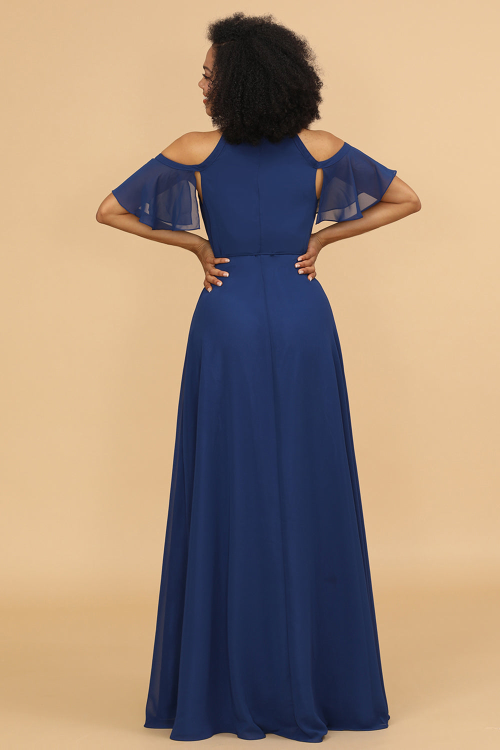 Navy A Line Cold Shoulder Chiffon Bridesmaid Dress with Slit