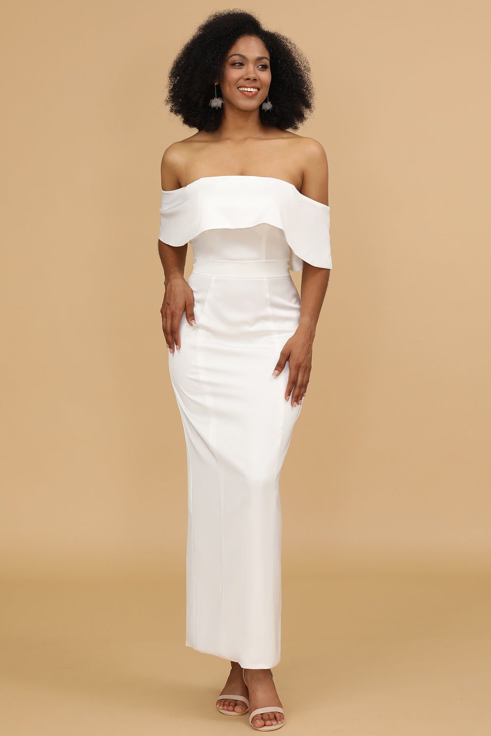 White Mermaid Off the Shoulder Satin Ankle-Length Bridesmaid Dress