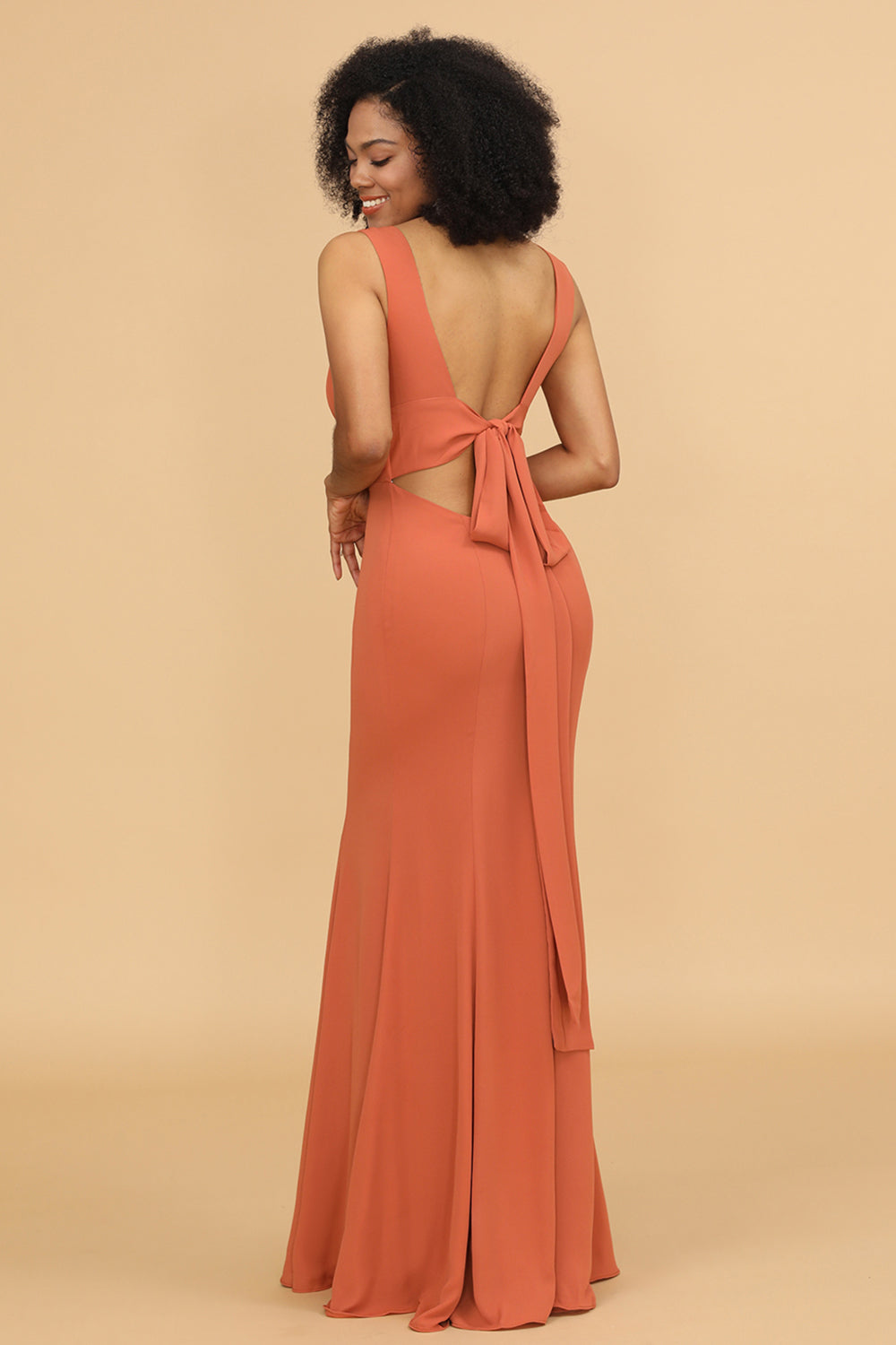 Mermaid V-neck Open Back Long Chiffon Bridesmaid Dress With Ruffles