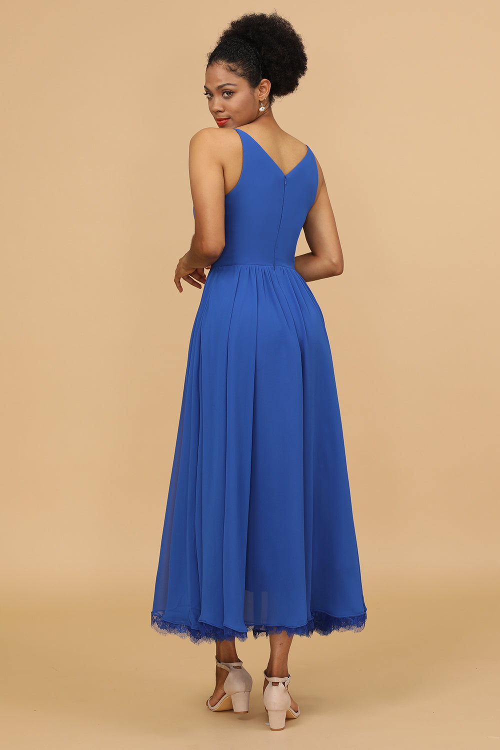 Royal Blue A Line Spaghetti Straps Long Chiffon Bridesmaid Dress with Ruffles