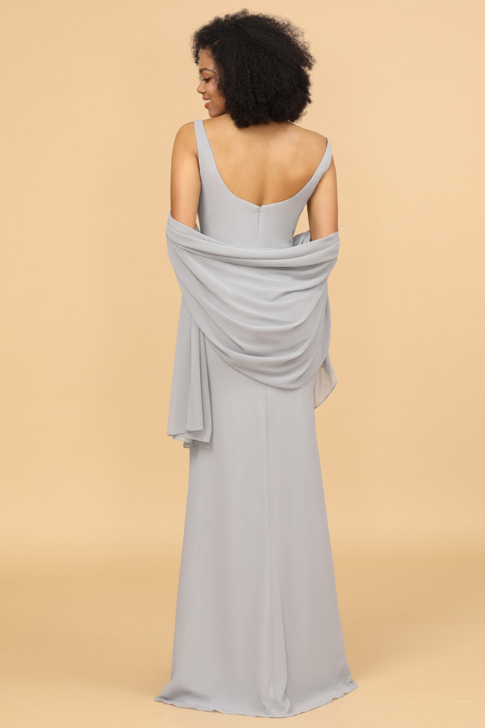 Mermaid Square Neck Long Chiffon Bridesmaid Dress with Cape