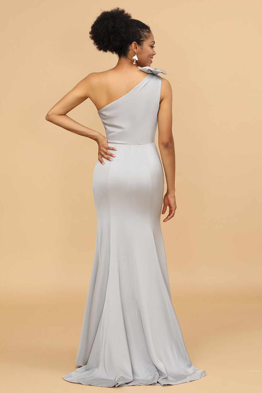 Mermaid One Shoulder Satin Long Bridesmaid Dress With Bowknot