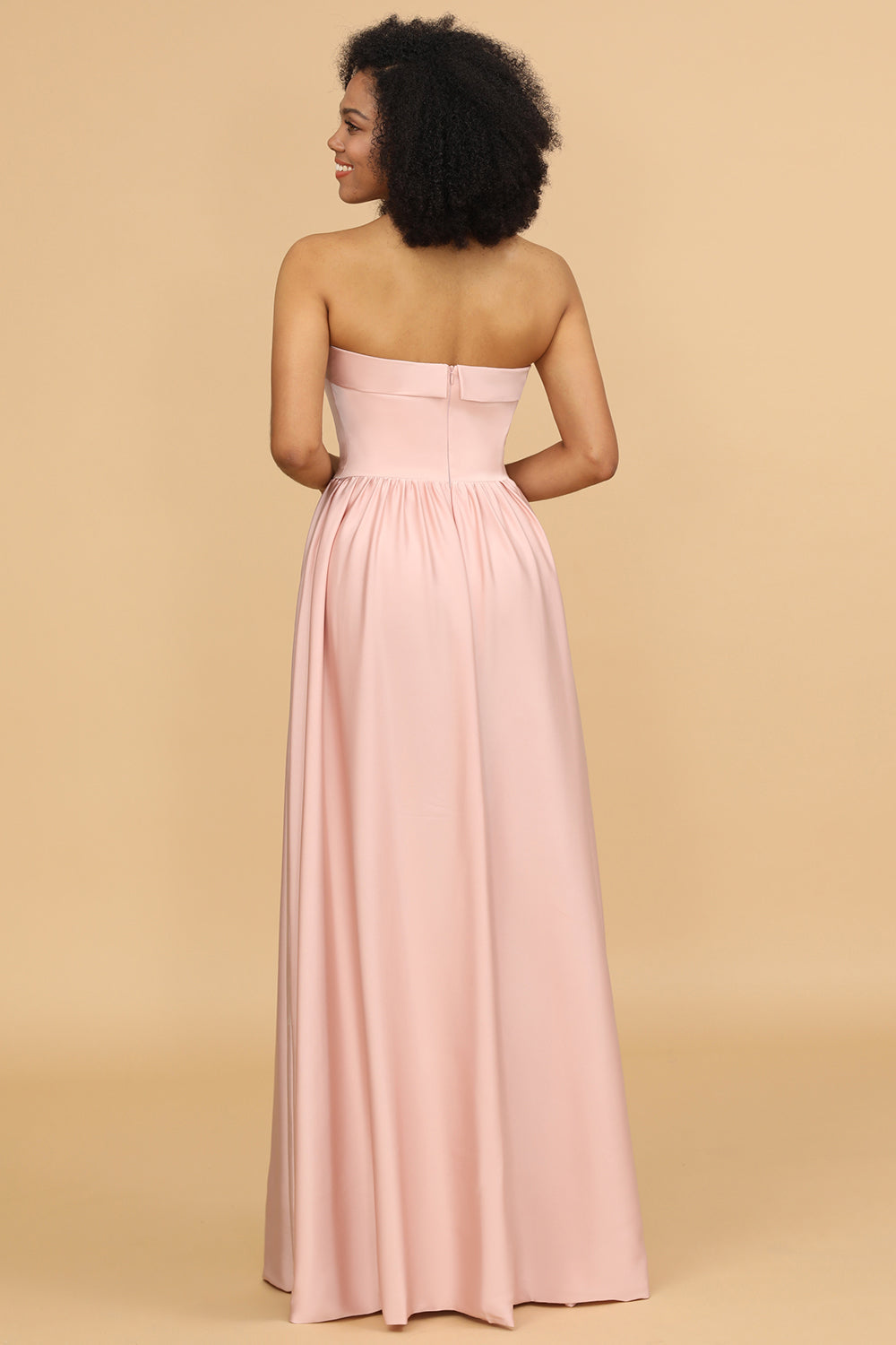 A Line Strapless Satin Floor Length Bridesmaid Dress with Pockets