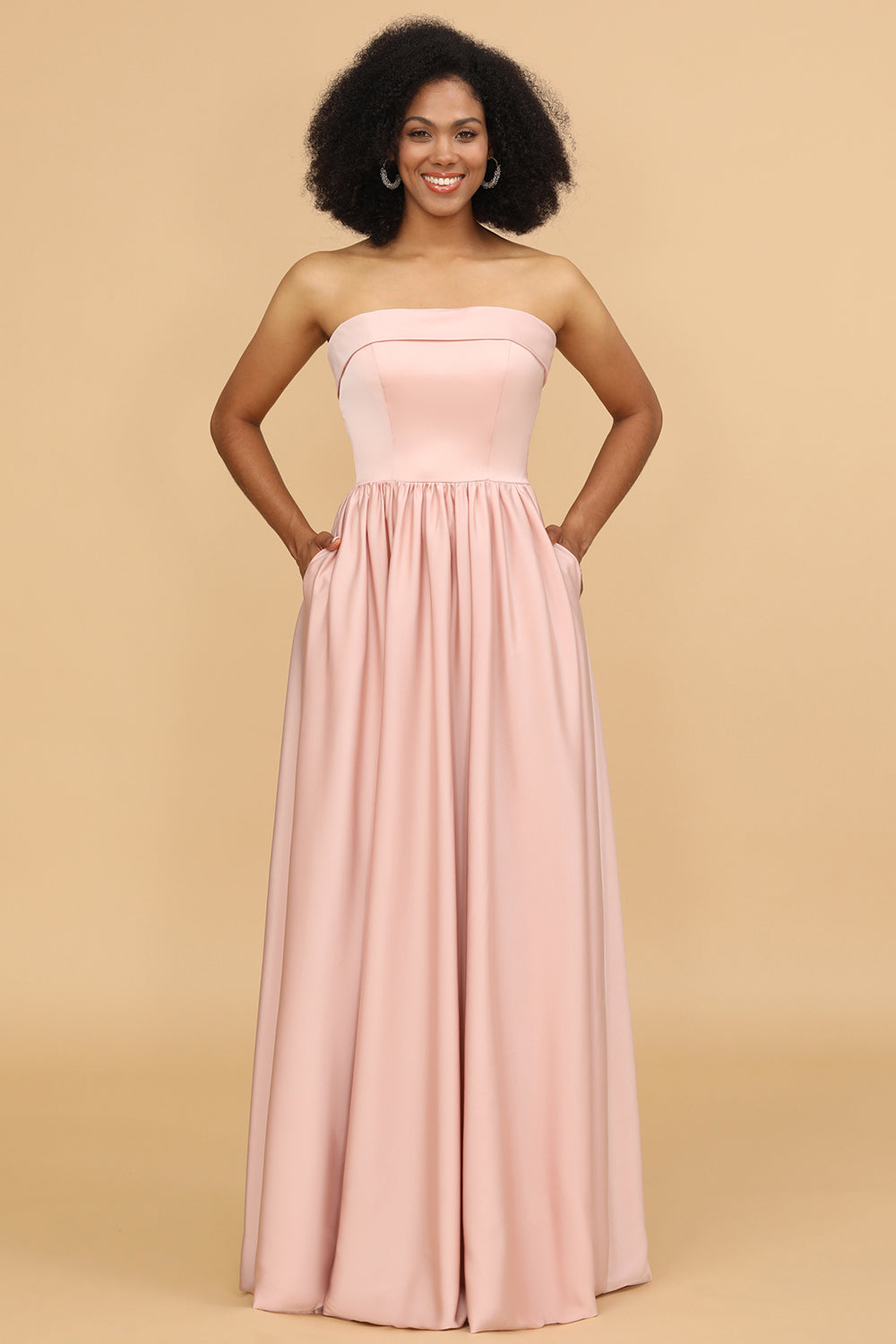 A Line Strapless Satin Floor Length Bridesmaid Dress with Pockets