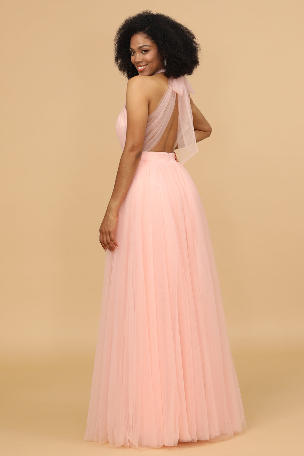 Blush A Line Halter Floor Length Tulle Bridesmaid Dress