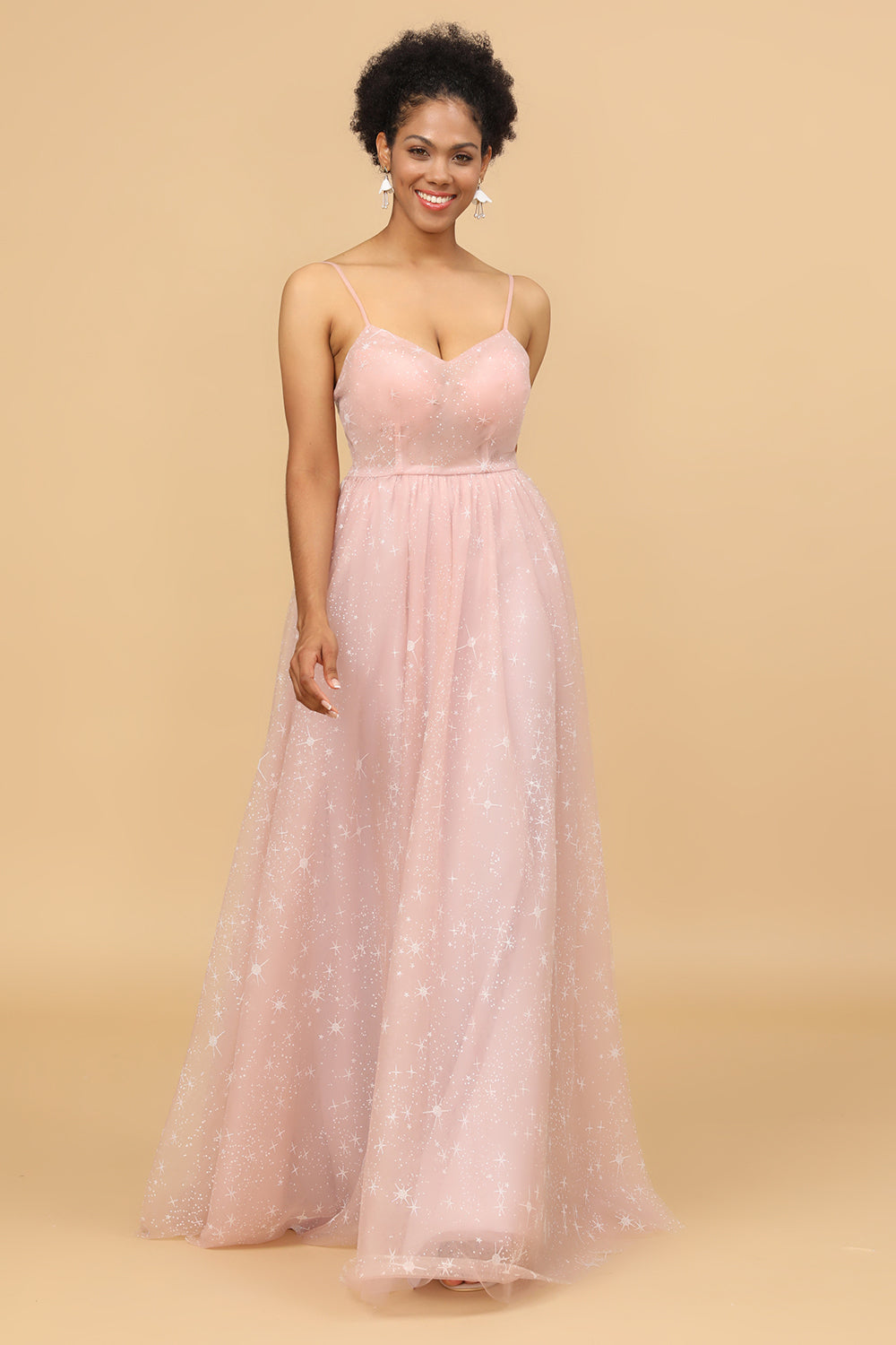 Blush A Line Spaghetti Straps Long Tulle Bridesmaid Dress