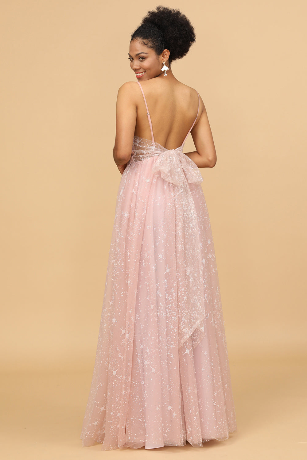 Blush A Line Spaghetti Straps Long Tulle Bridesmaid Dress