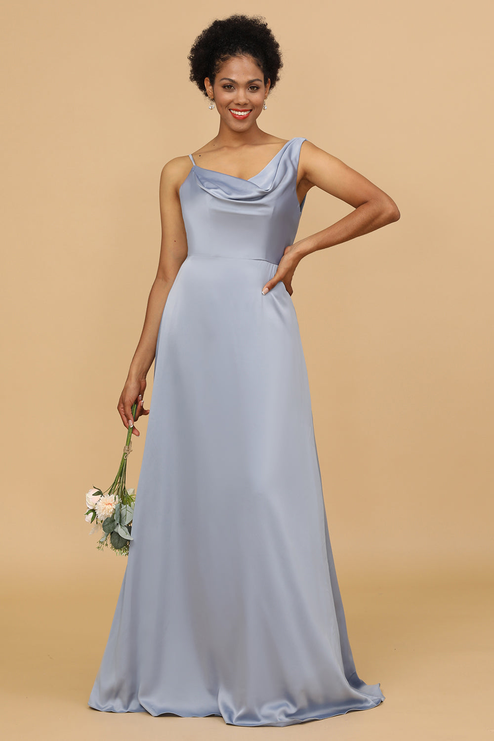 A Line Asymmetrical Neck Satin Floor Length Bridesmaid Dress