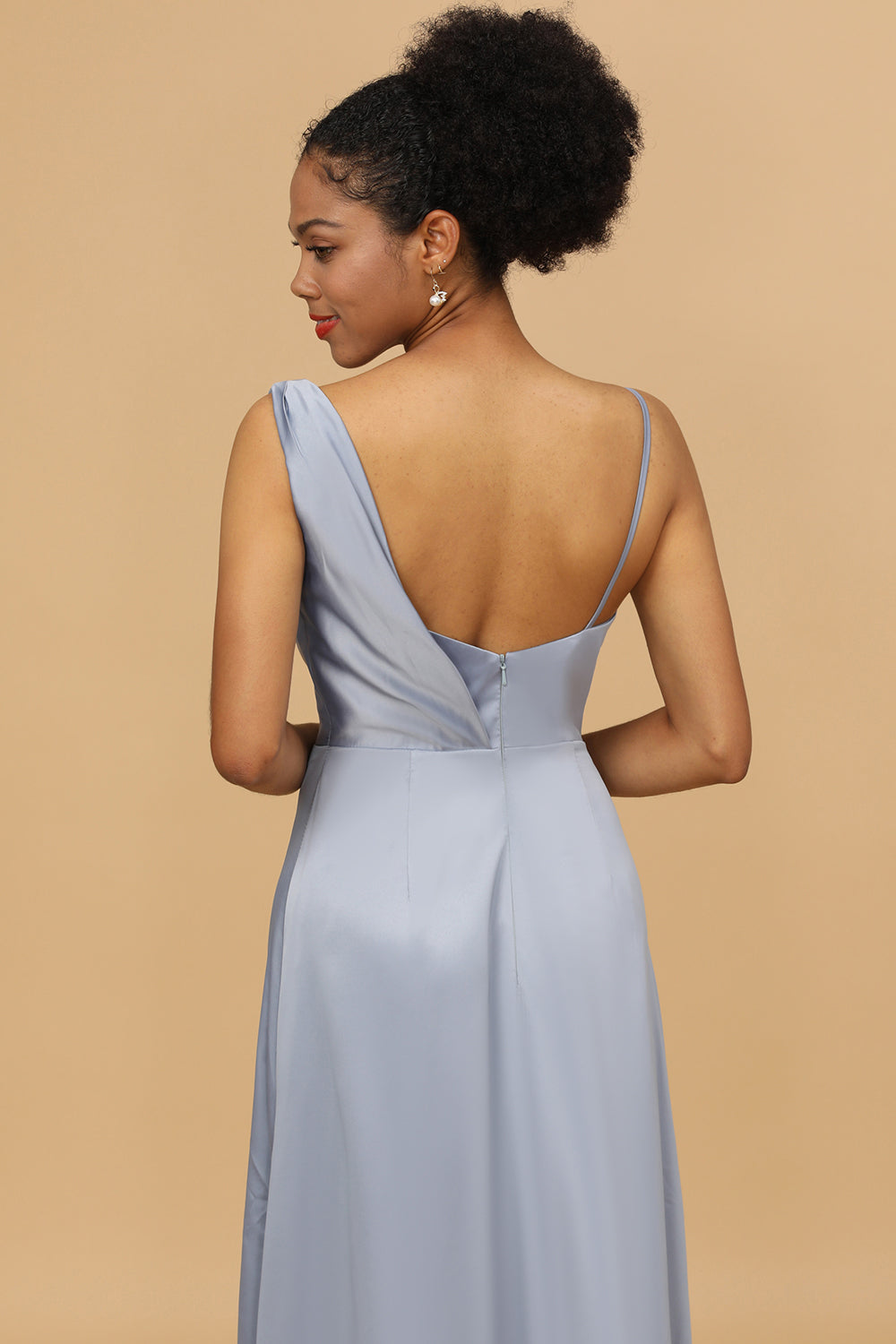 A Line Asymmetrical Neck Satin Floor Length Bridesmaid Dress