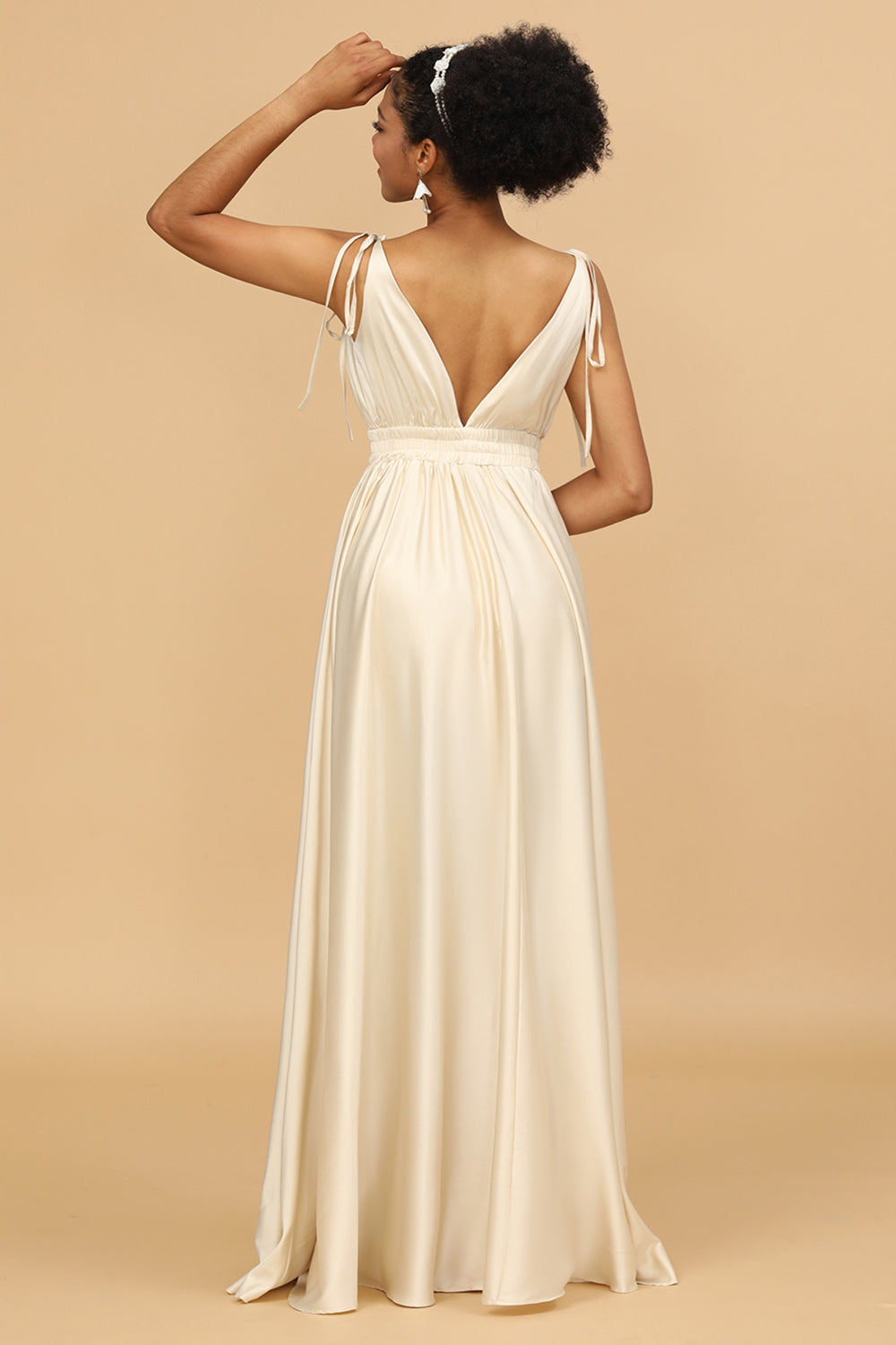 A Line Deep V-Neck Backless Floor Length Bridesmaid Dress