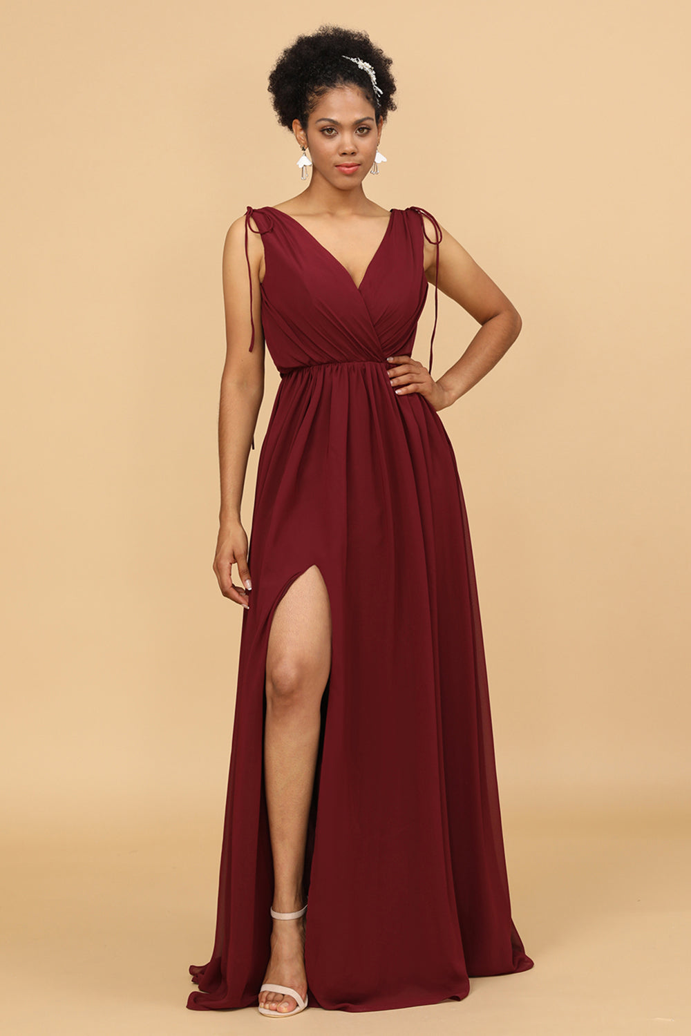 Burgundy V-Neck Ruched Long Chiffon Bridesmaid Dress