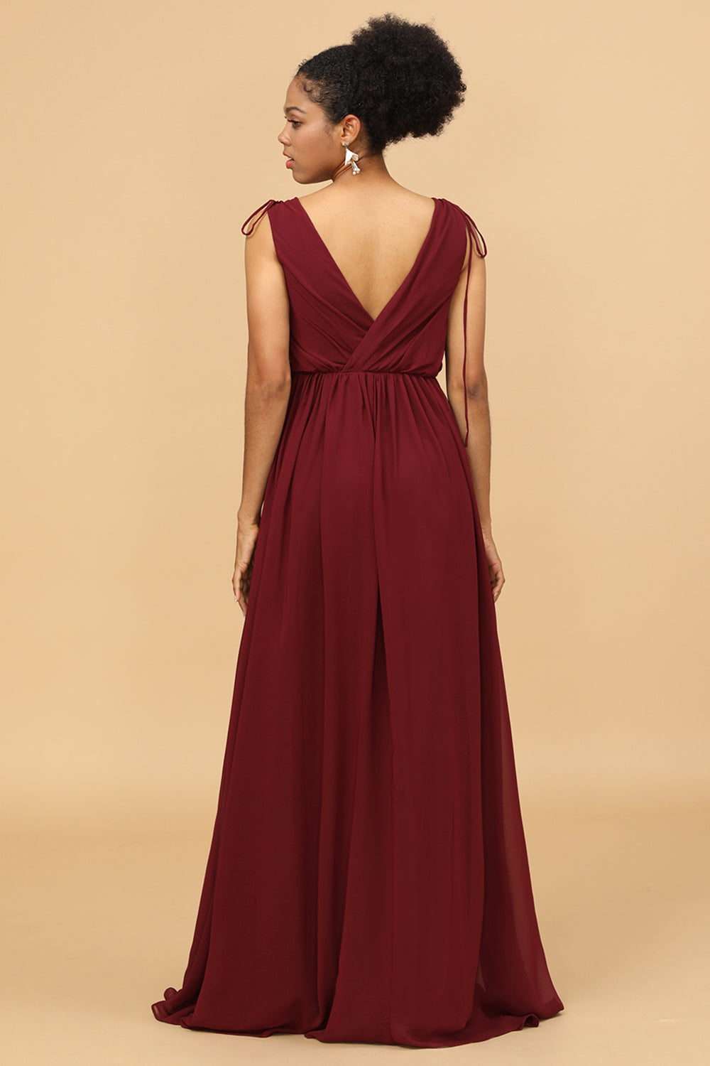 Burgundy V-Neck Ruched Long Chiffon Bridesmaid Dress