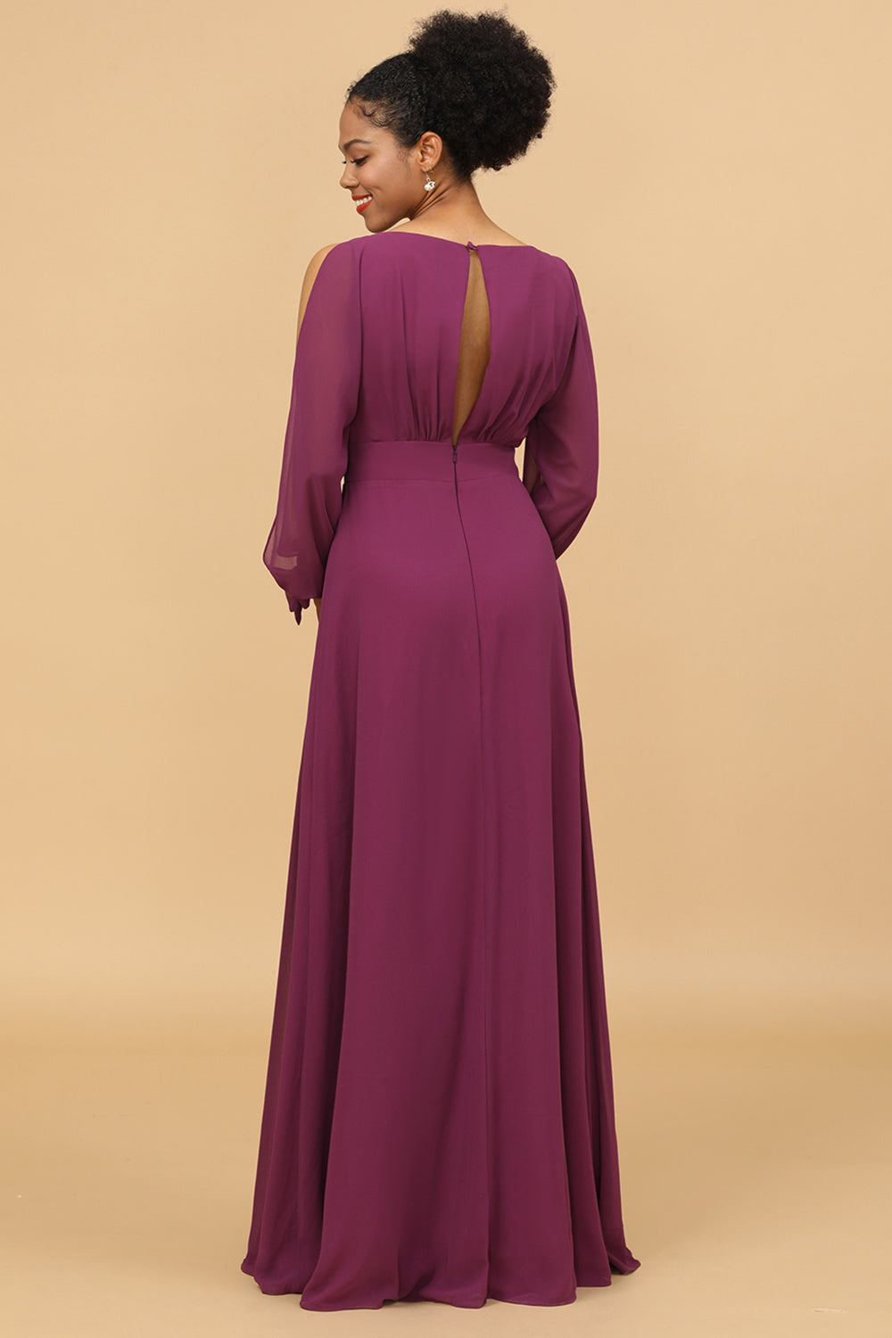 Long Sleeves V-Neck Chiffon Bridesmaid Dress with Bowknot