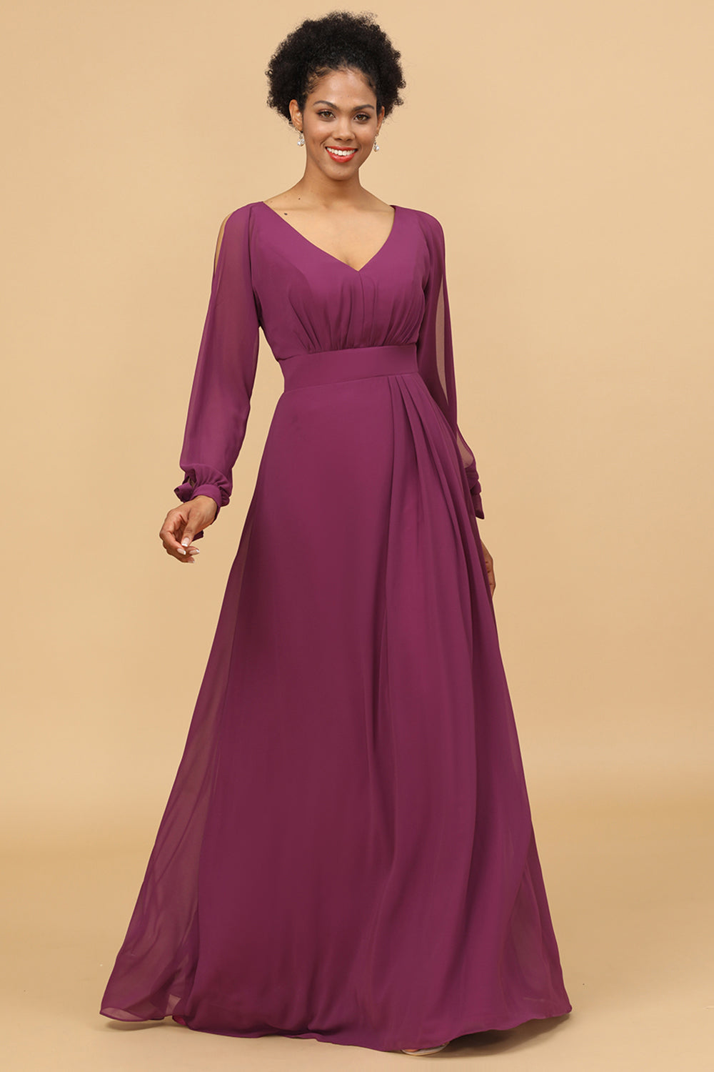 Long Sleeves V-Neck Chiffon Bridesmaid Dress with Bowknot