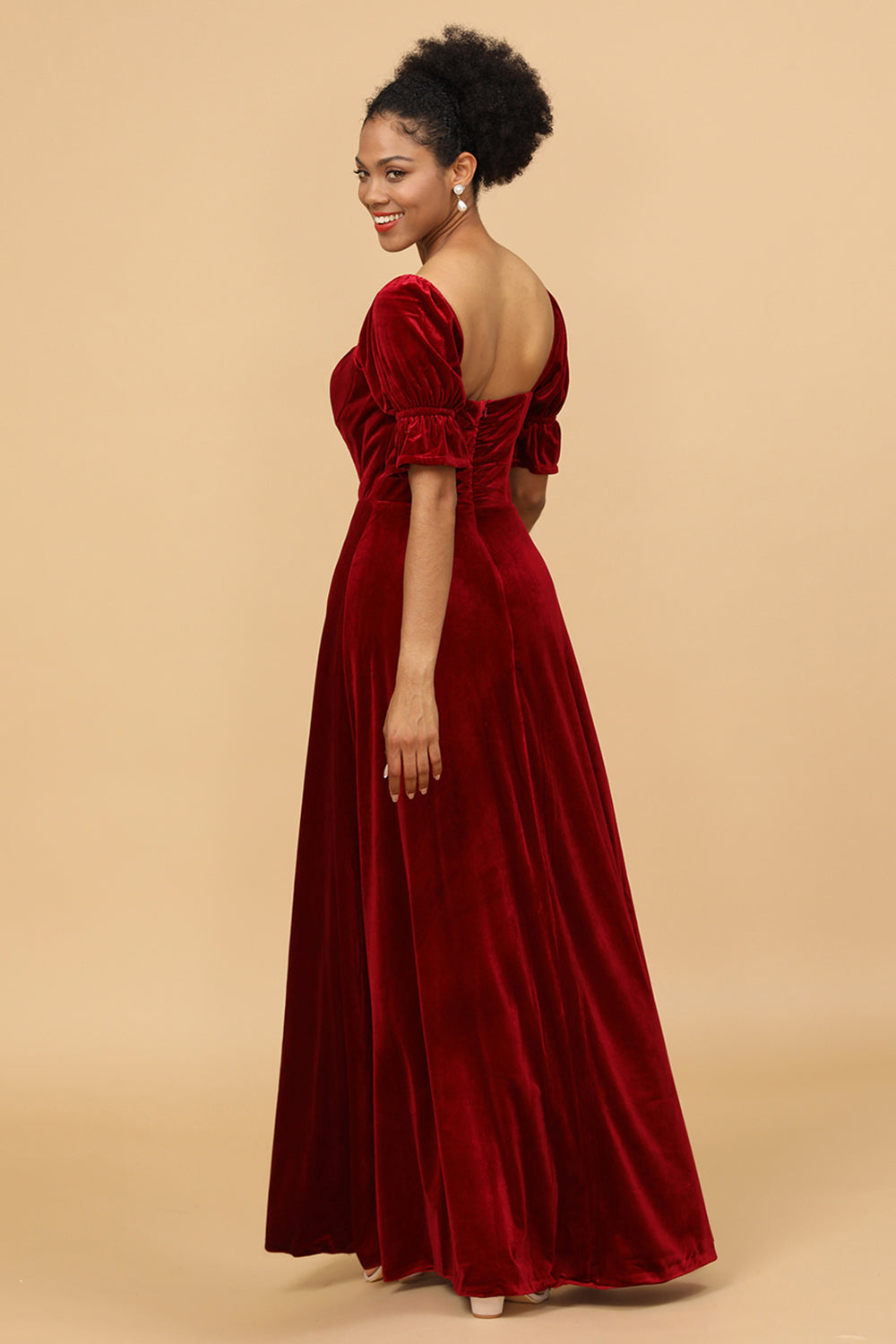 A Line Sweetheart Flare Sleeves Velvet Bridesmaid Dress with Slit