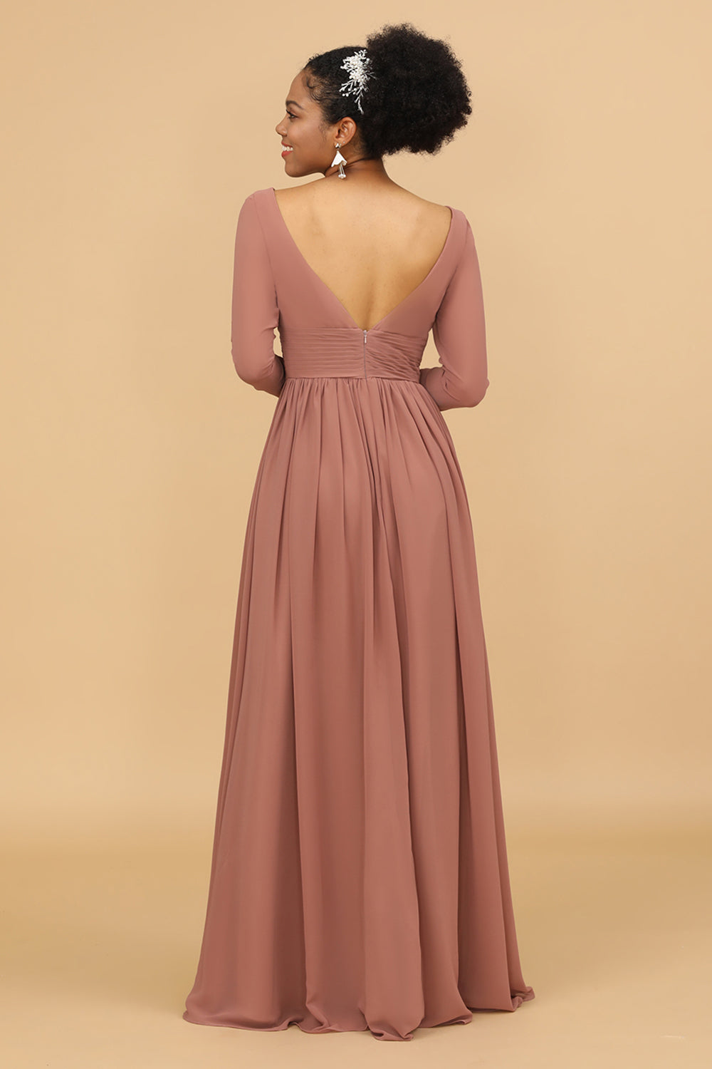 Blush V-Neck Long Sleeves Chiffon Bridesmaid Dress with Slit