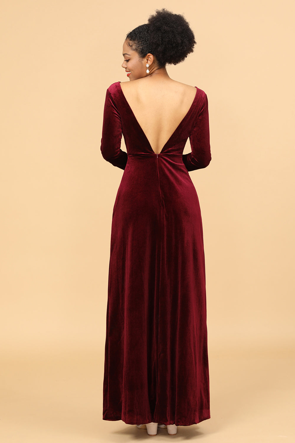 Sheath Deep V-Neck Backless Floor-Length Velvet Bridesmaid Dress