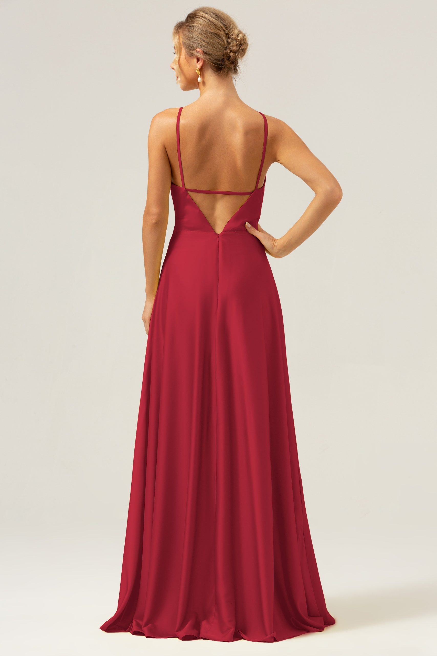 A Line Halter Ruched Satin Open Back Long Bridesmaid Dress with Flower