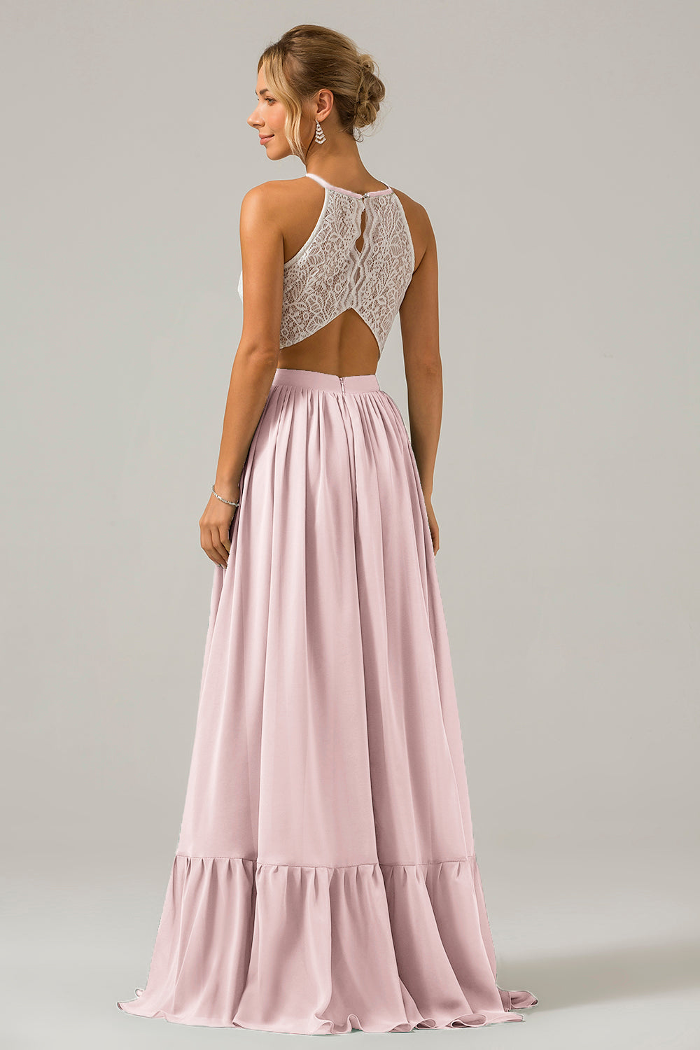 A-Line Halter Pleated Keyhole Chiffon Bridesmaid Dress With Lace