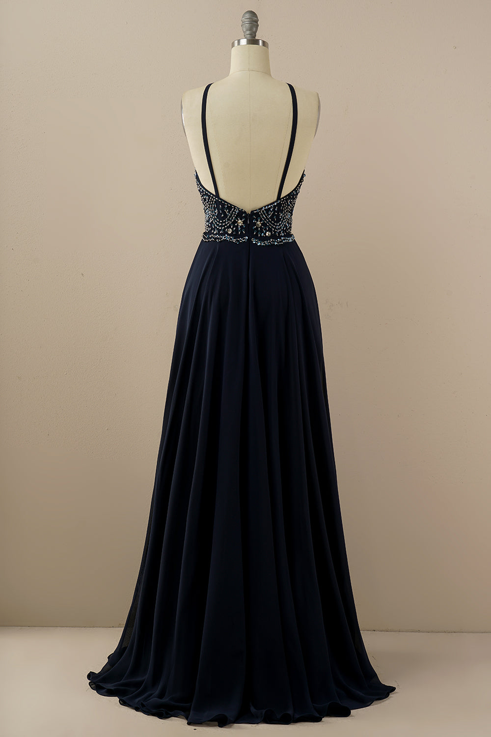 Navy A Line Halter Beaded Backless Long Prom Dress