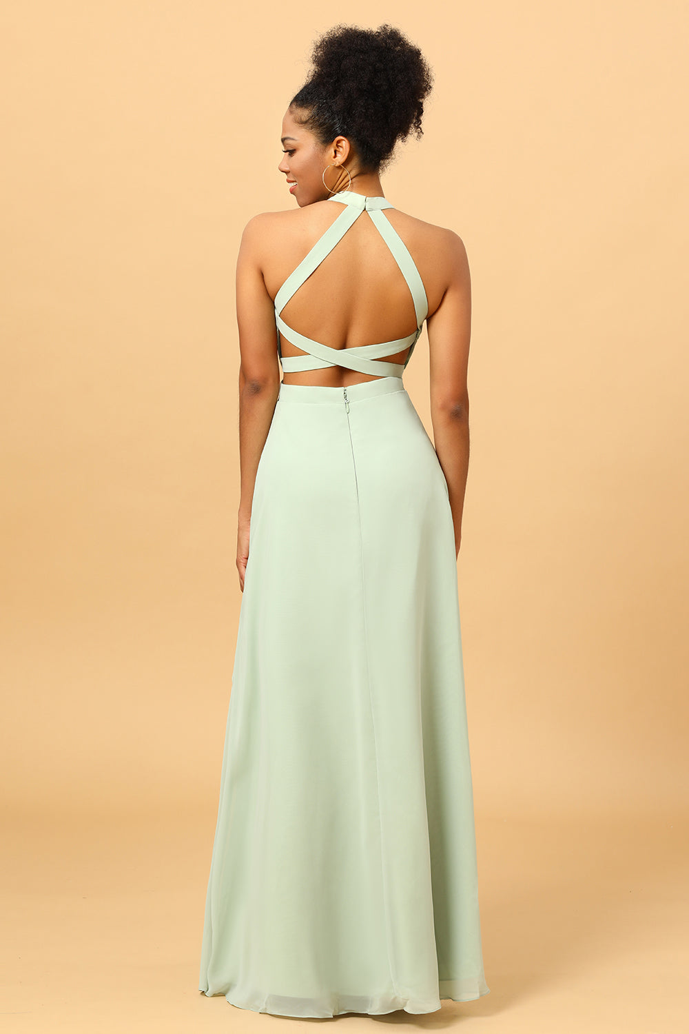 Sheath Halter Floor Length Open Back Chiffon Bridesmaid Dress with Slit