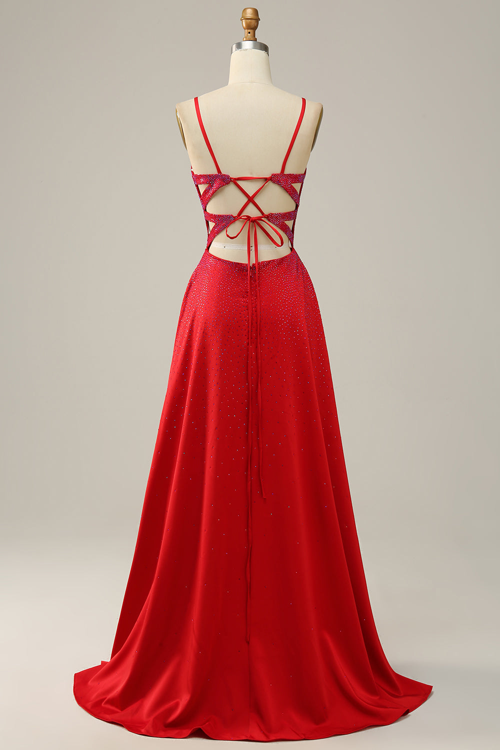 Red A Line Spaghetti Straps Beaded Long Wedding Party Dress with Slit