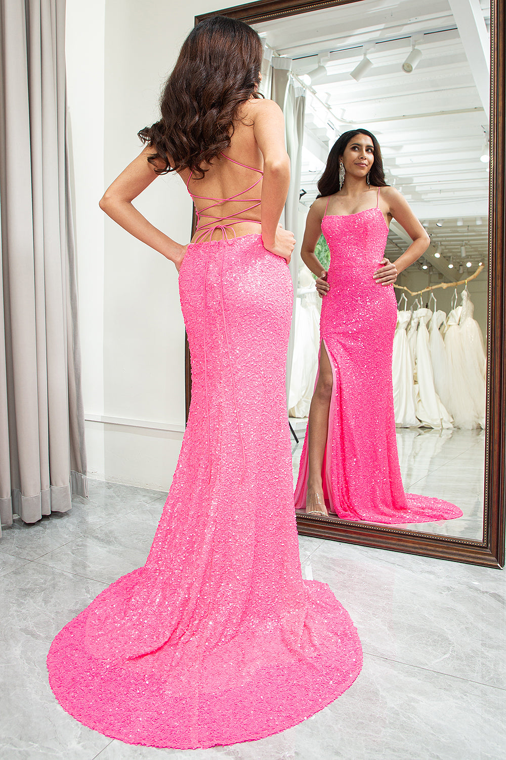 Sparkly Pink Mermaid Spaghetti Straps Sequins Long Prom Dress With Slit