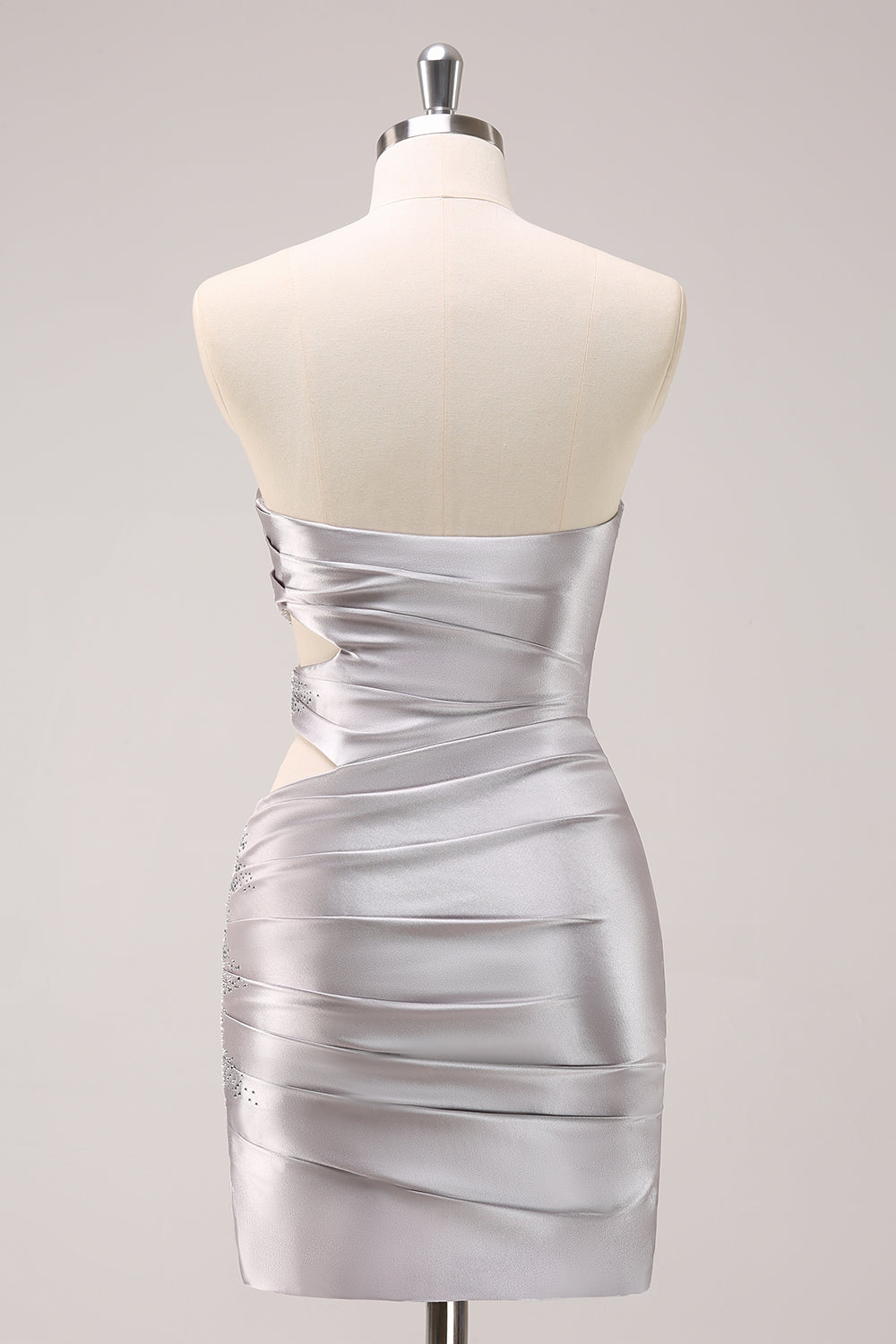 Silver Strapless Pleated Cut Out Tight Metallic Homecoming Dress with Beading