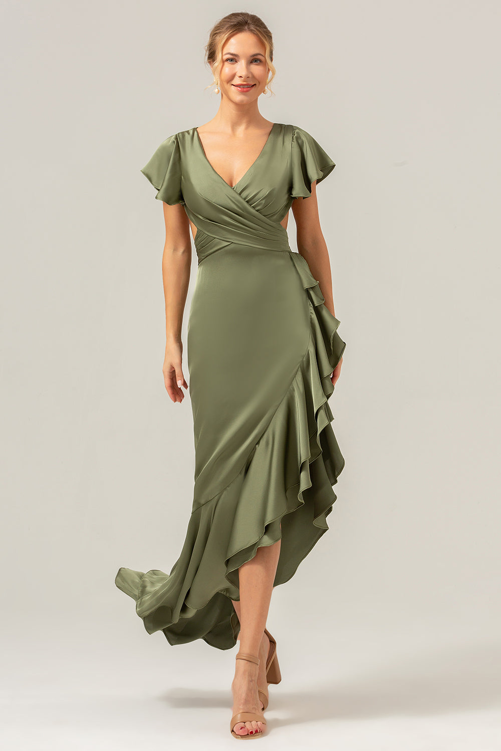 A Line V Neck Asymmetrical Olive Bridesmaid Dress with Ruffle Slit