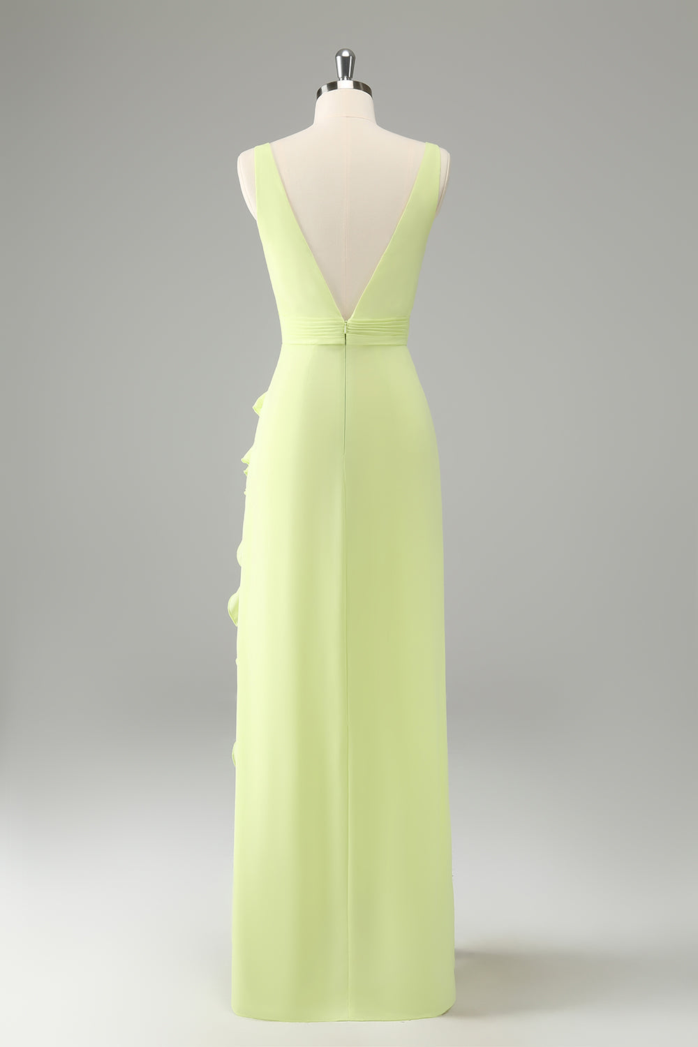 Lime A Line V Neck Floral Ruffle Open Back Bridesmaid Dress with Slit