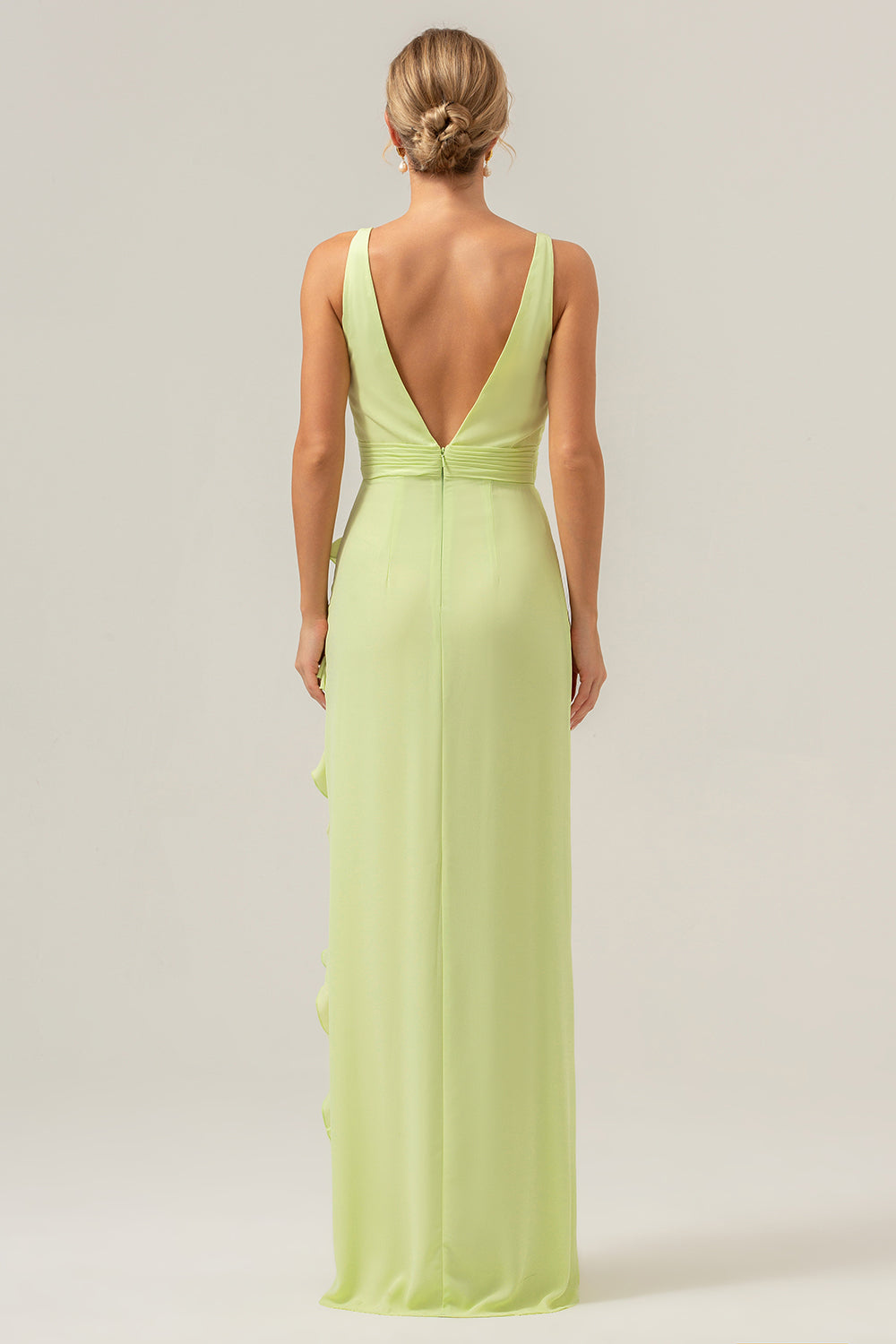 Lime Sheath V Neck Floral Open Back Bridesmaid Dress with Ruffle Slit