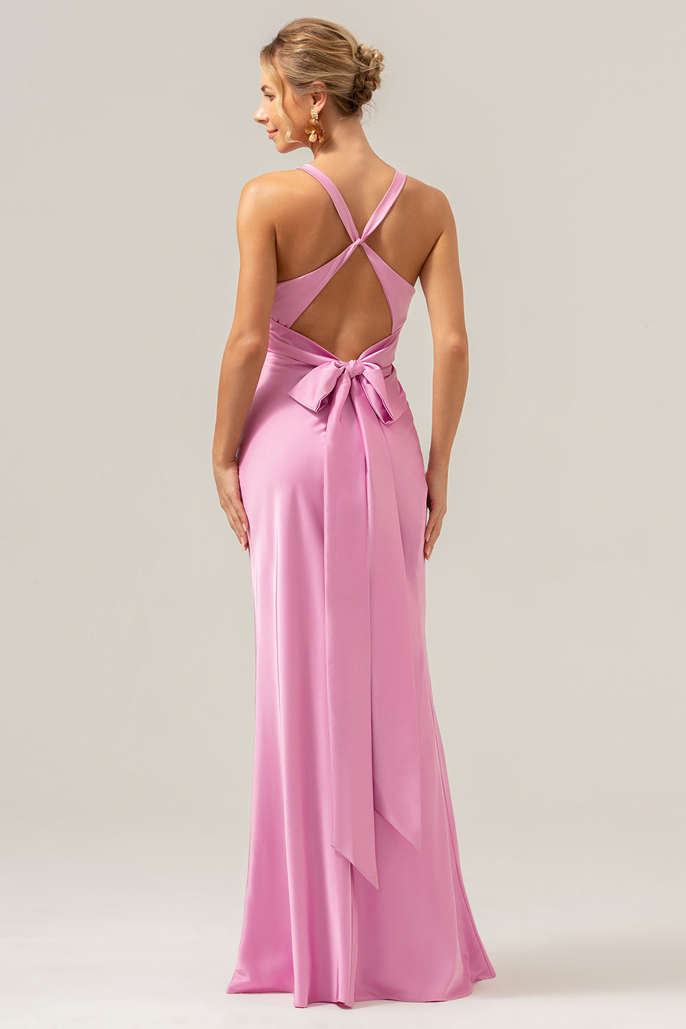 Pink Mermaid Deep V Neck Ruched Long Bridesmaid Dress with Lace Up Back