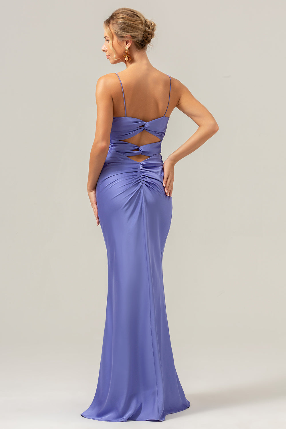 Purple Mermaid Spaghetti Straps Front Pleated Long Bridesmaid Dress