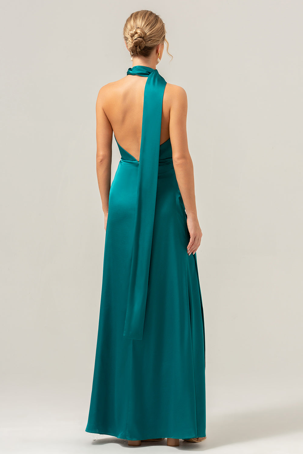 Peacock Sheath Deep V Neck Open Back Long Satin Bridesmaid Dress with Streamer