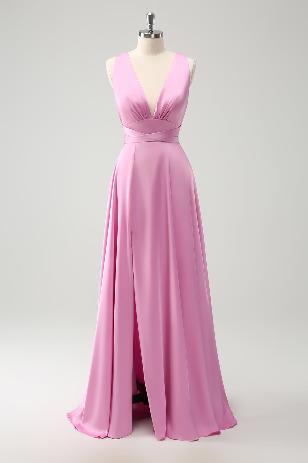 Pink A Line Deep V Neck Backless Long Bridesmaid Dress with Slit