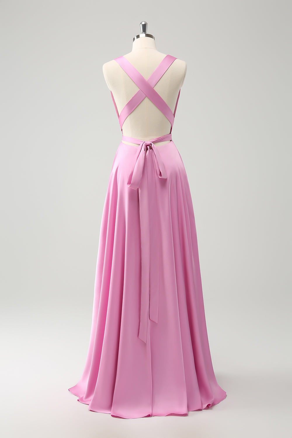 Pink A Line Deep V Neck Backless Long Bridesmaid Dress with Slit