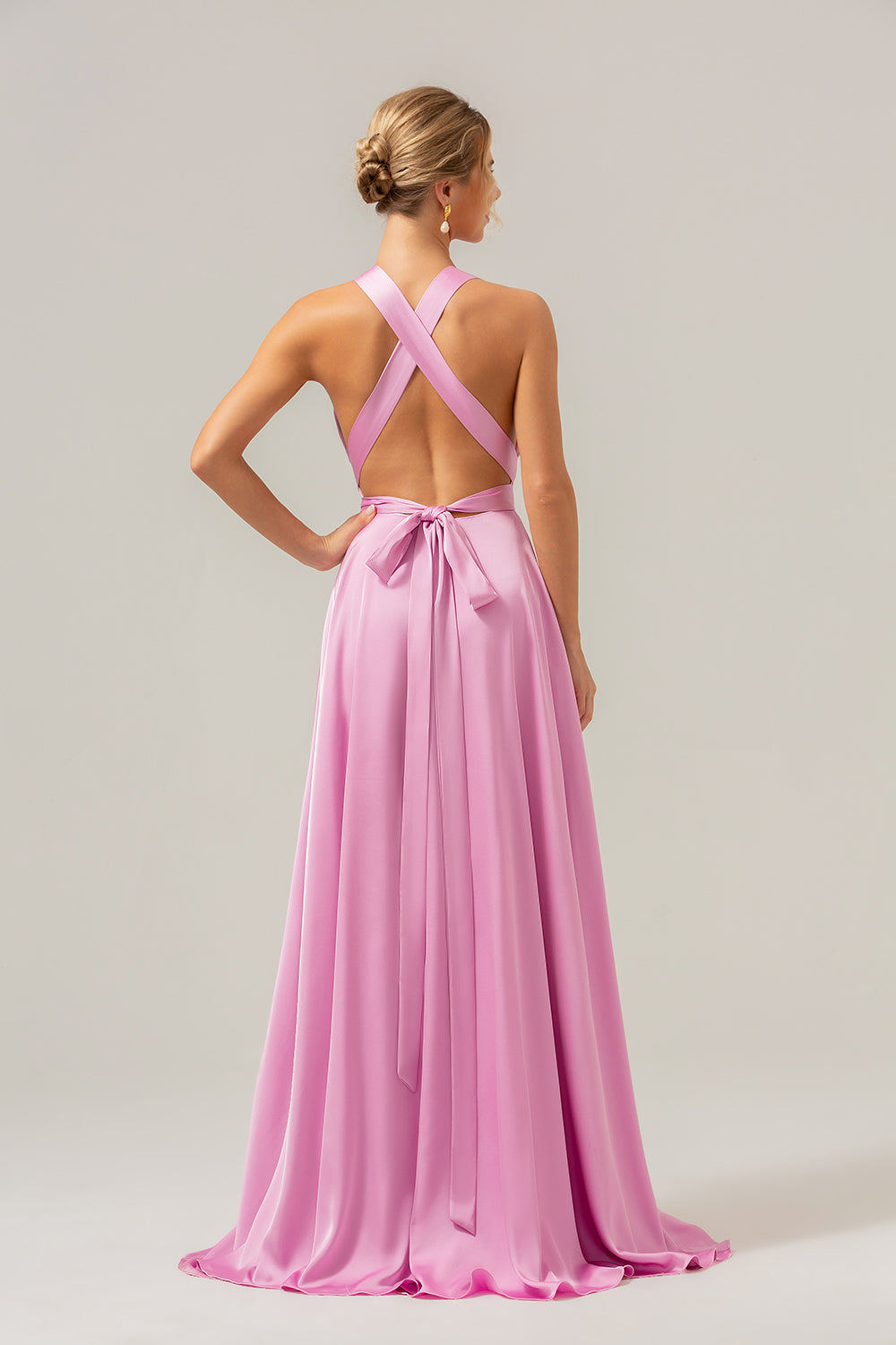 Pink A Line Deep V Neck Lace Up Back Long Satin Bridesmaid Dress with Slit