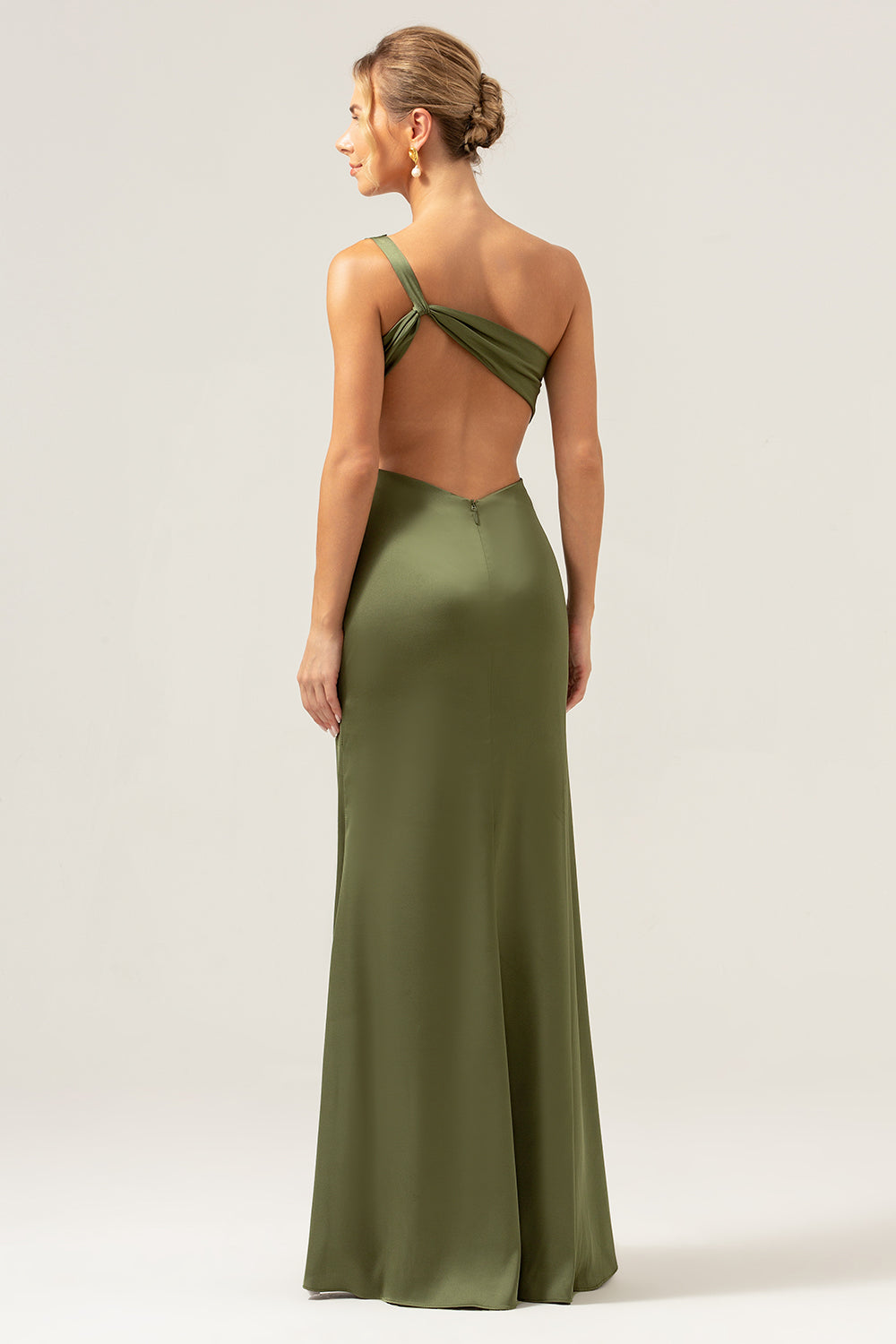 Elegant Mermaid One Shoulder Pleated Backless Olive Bridesmaid Dress with Slit