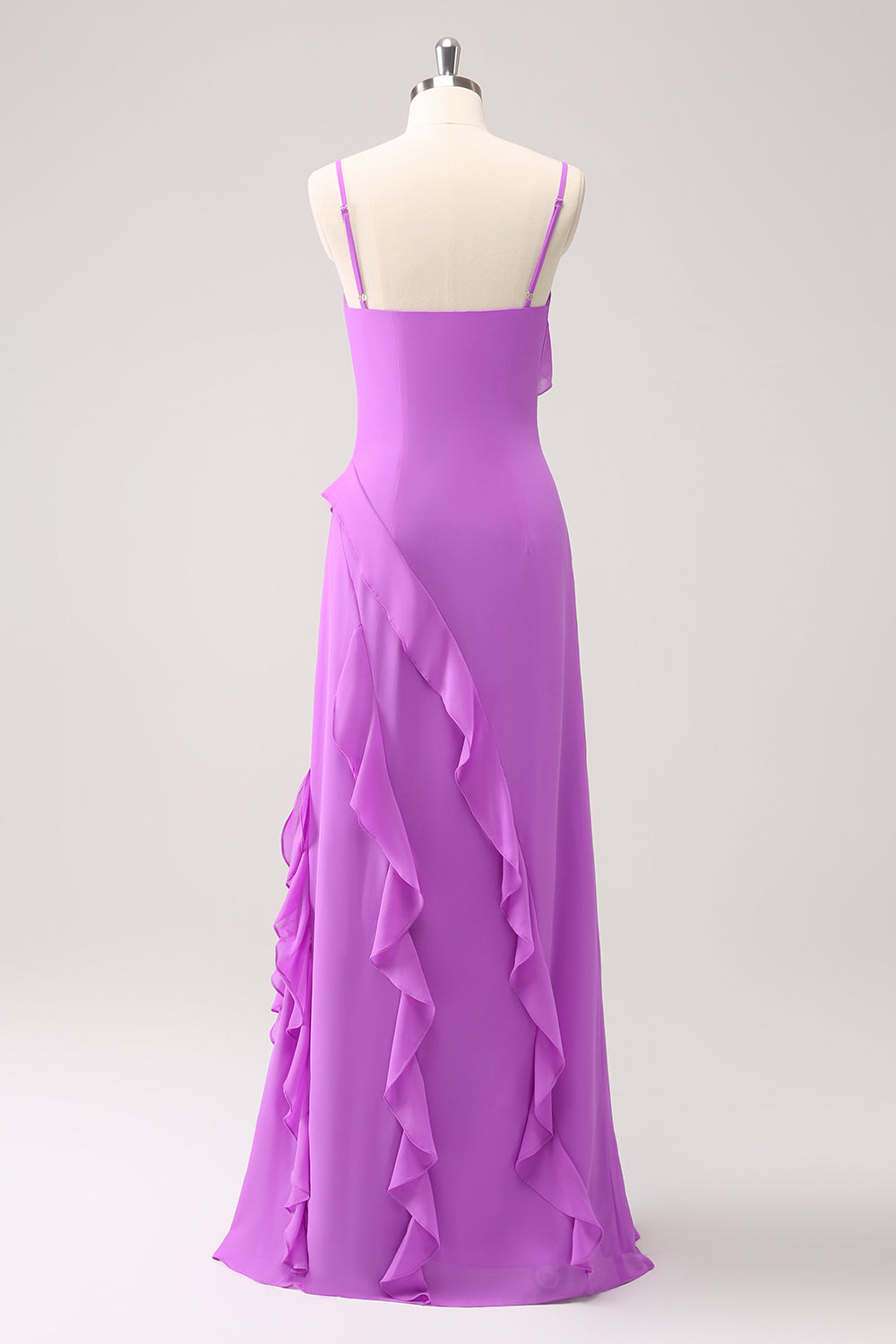 Tahiti Sheath Spaghetti Straps Ruffle Long Bridesmaid Dress with Slit