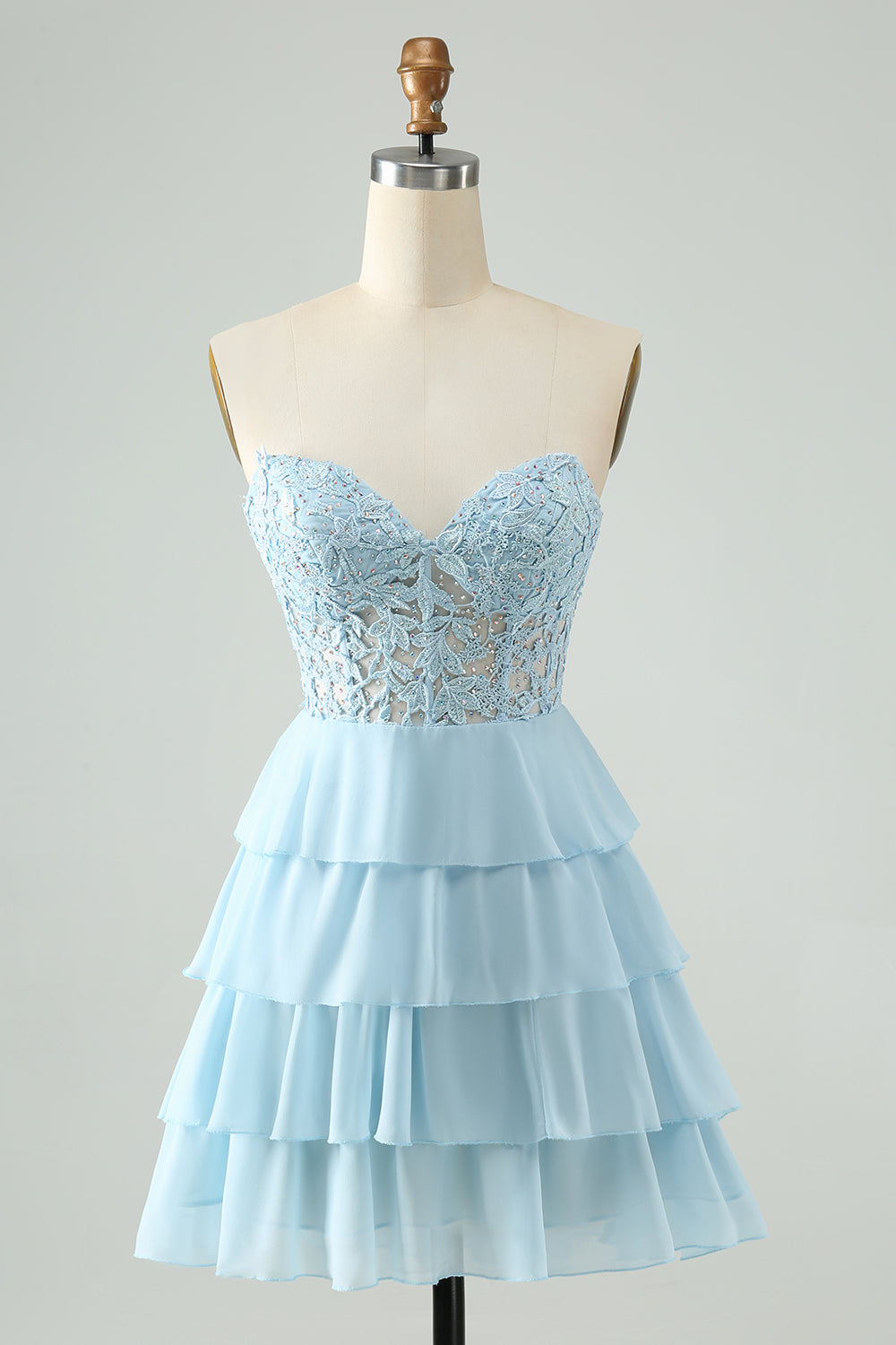 A Line Sweetheart Tiered Light Blue Short Homecoming Dress with Appliques