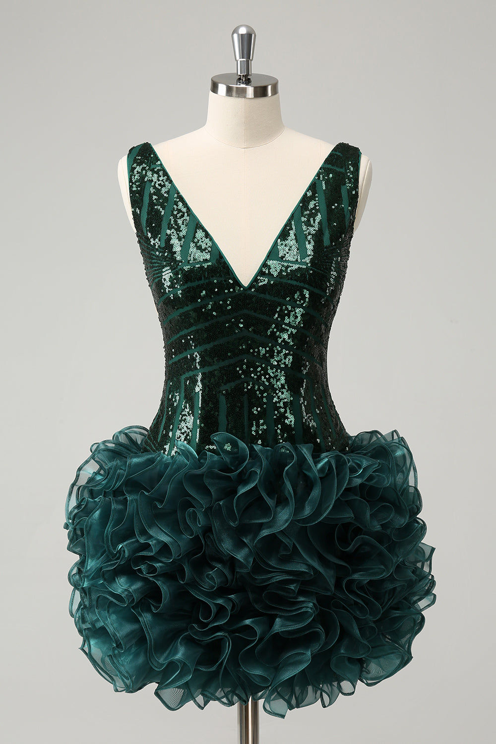 Stylish Dark Green Bodycon V Neck Sequin Short Homecoming Dress with Detachable Skirt