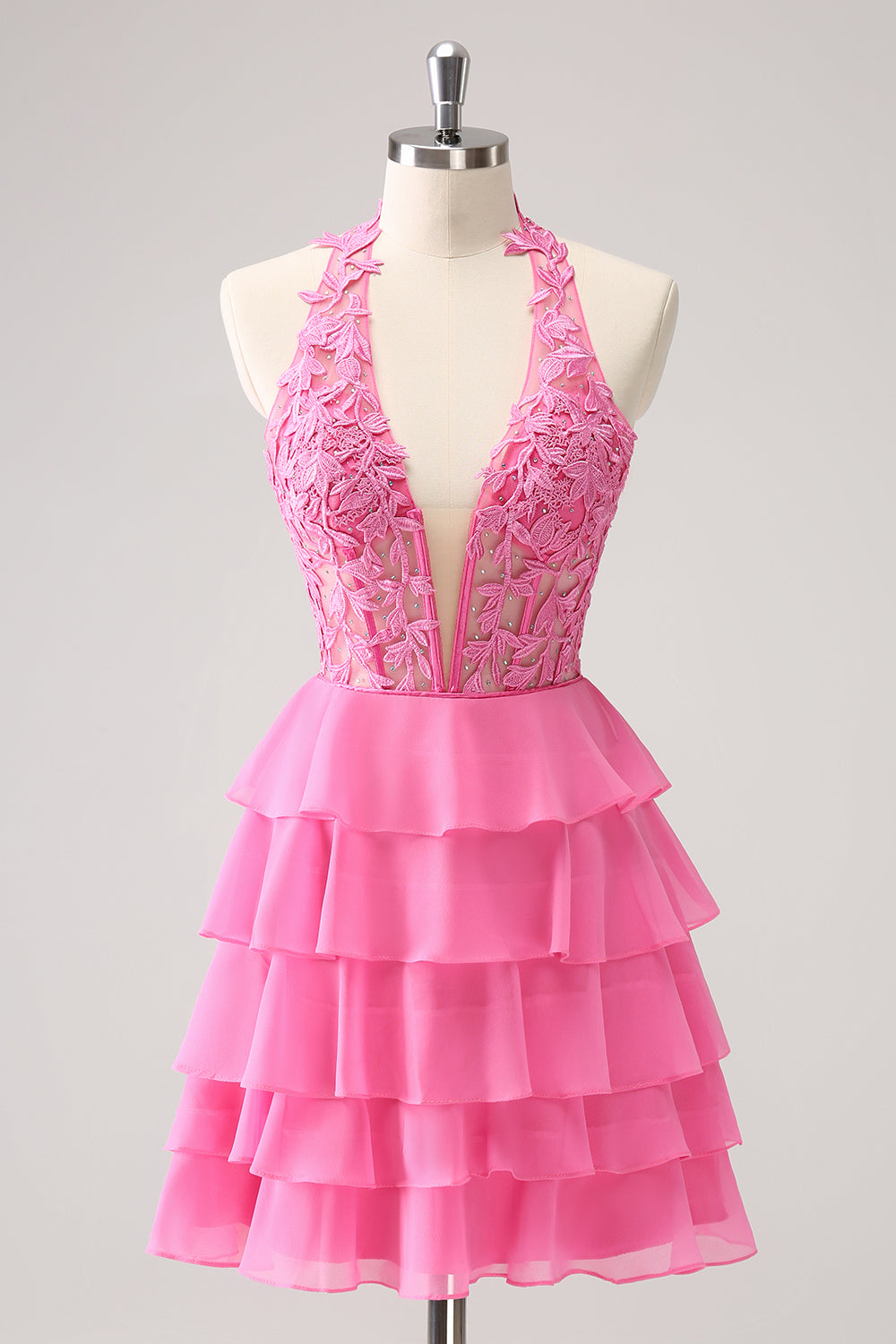 Cute Hot Pink A Line Strapless Tiered Corset Ruffle Homecoming Dress with Beading