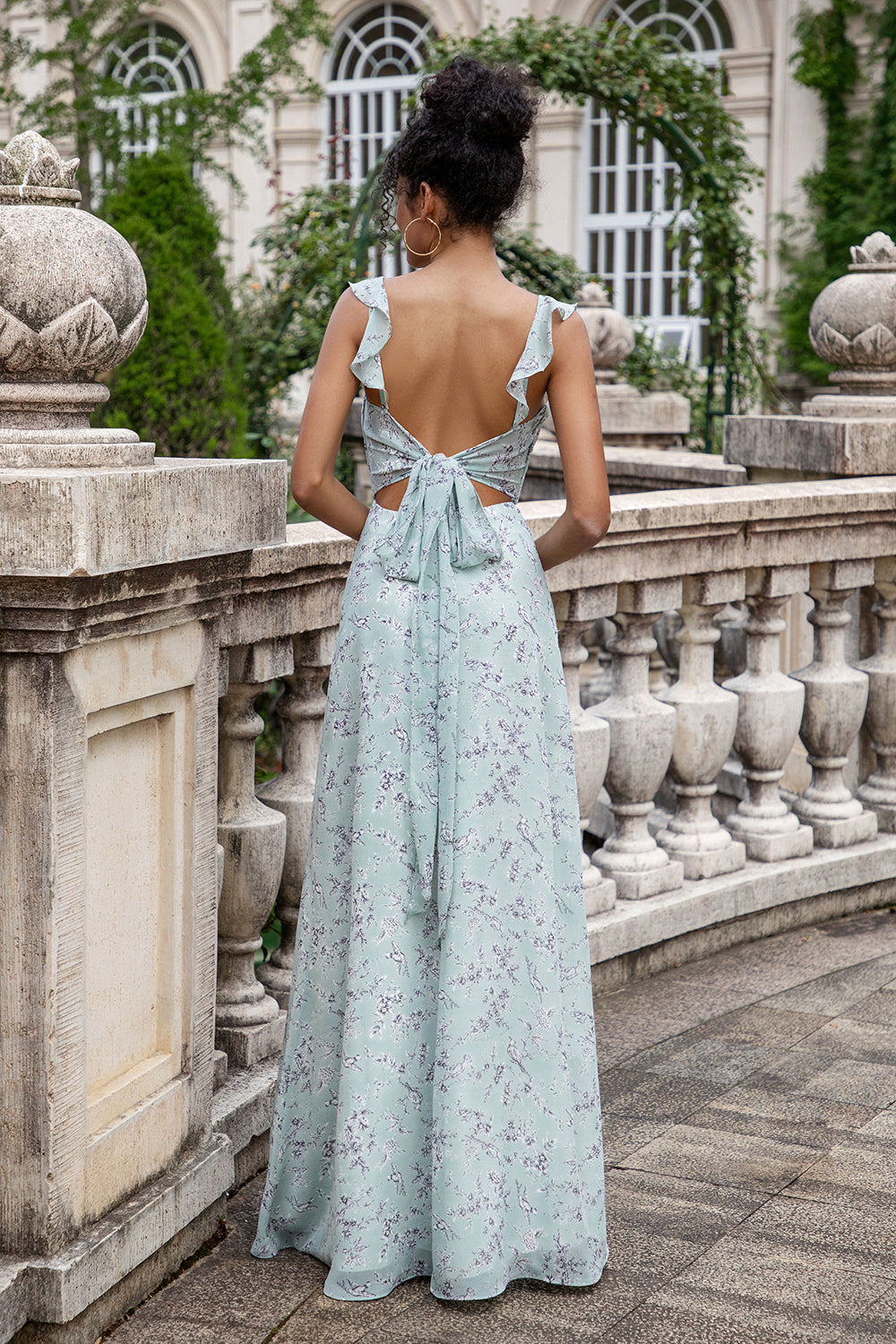 Grey Green Sheath Floral Print Lace Up Back Long Bridesmaid Dress With Slit