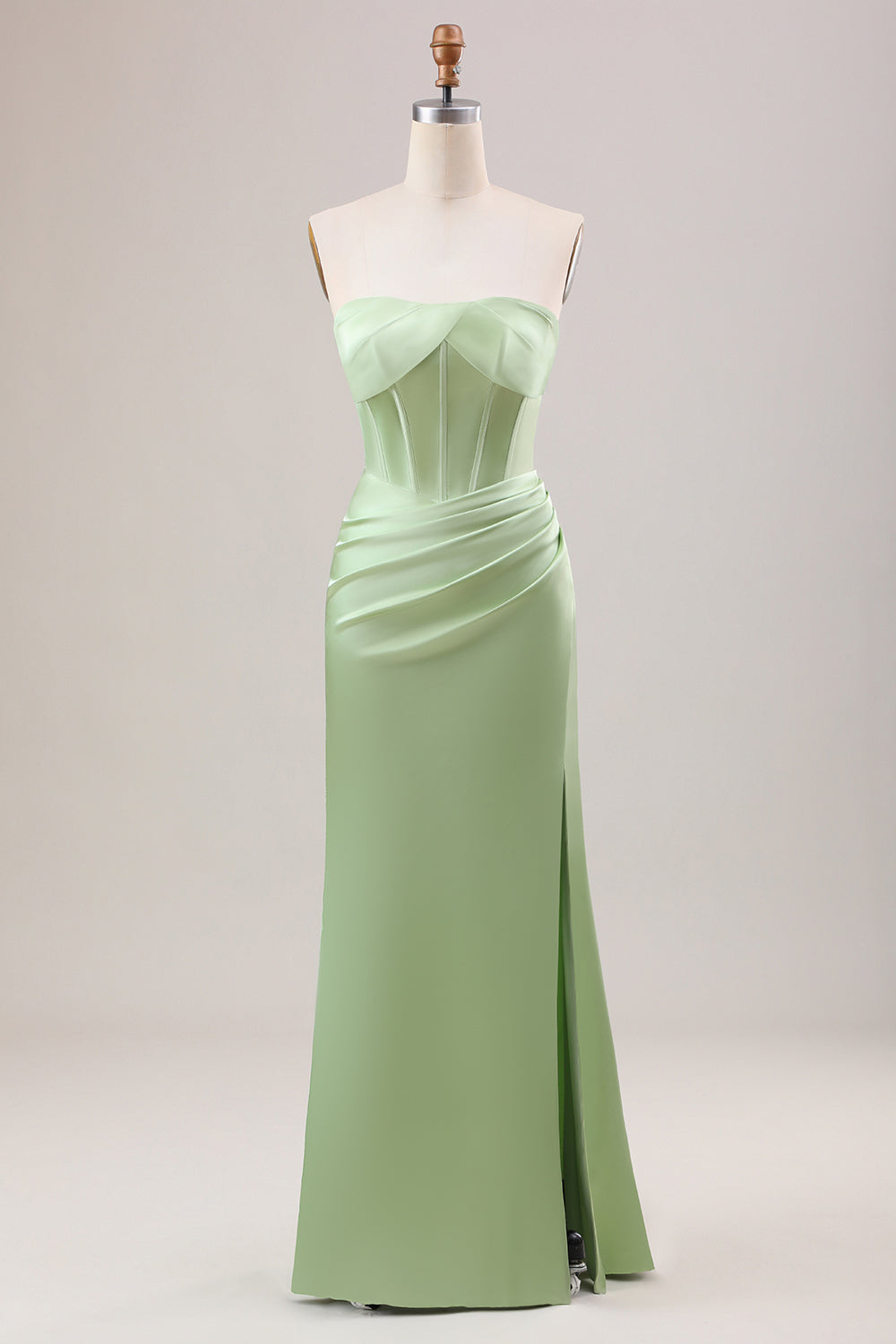 Green Mermaid Strapless Pleated Corset Long Bridesmaid Dress With Slit