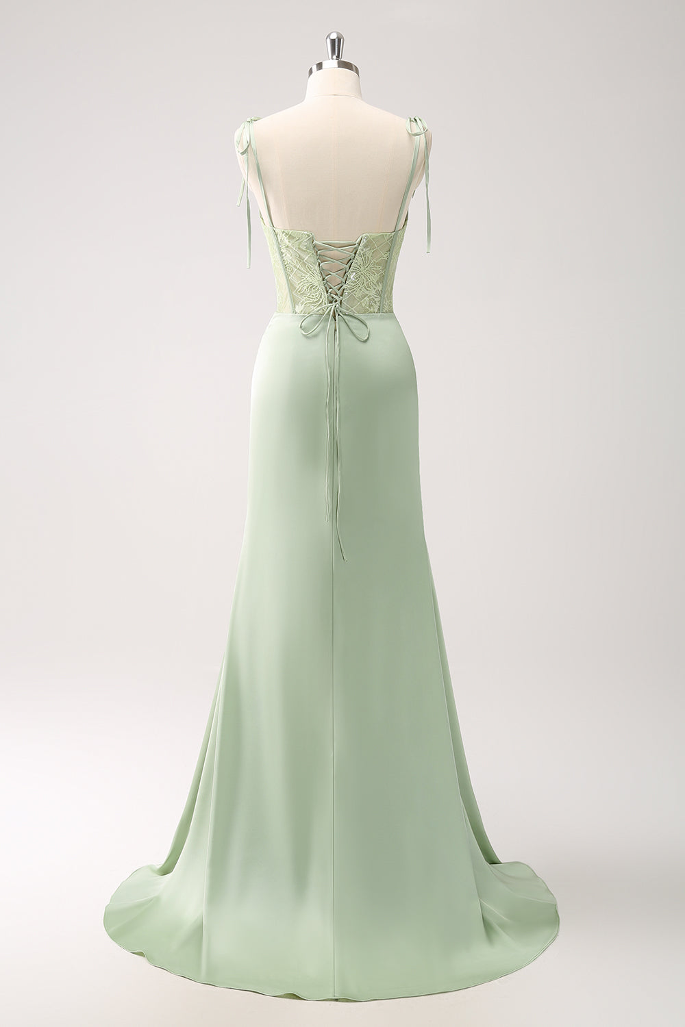 Green Mermaid Spaghetti Straps Corset Bridesmaid Dress with Slit