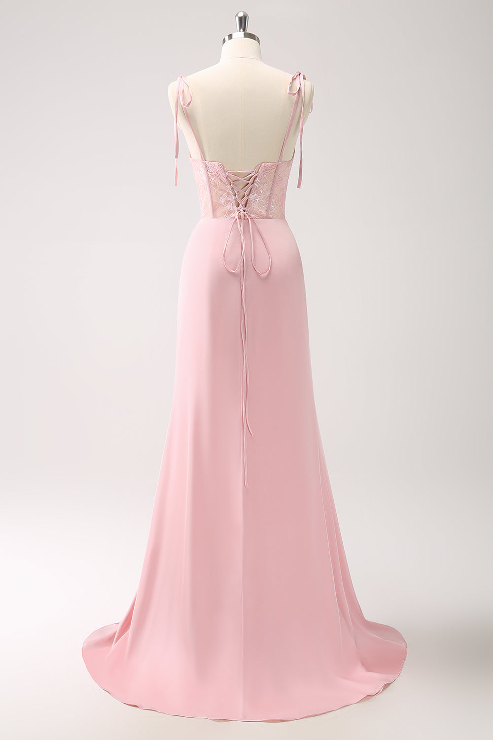 Pink Mermaid Spaghetti Straps Satin Corset Long Bridesmaid Dress with Slit